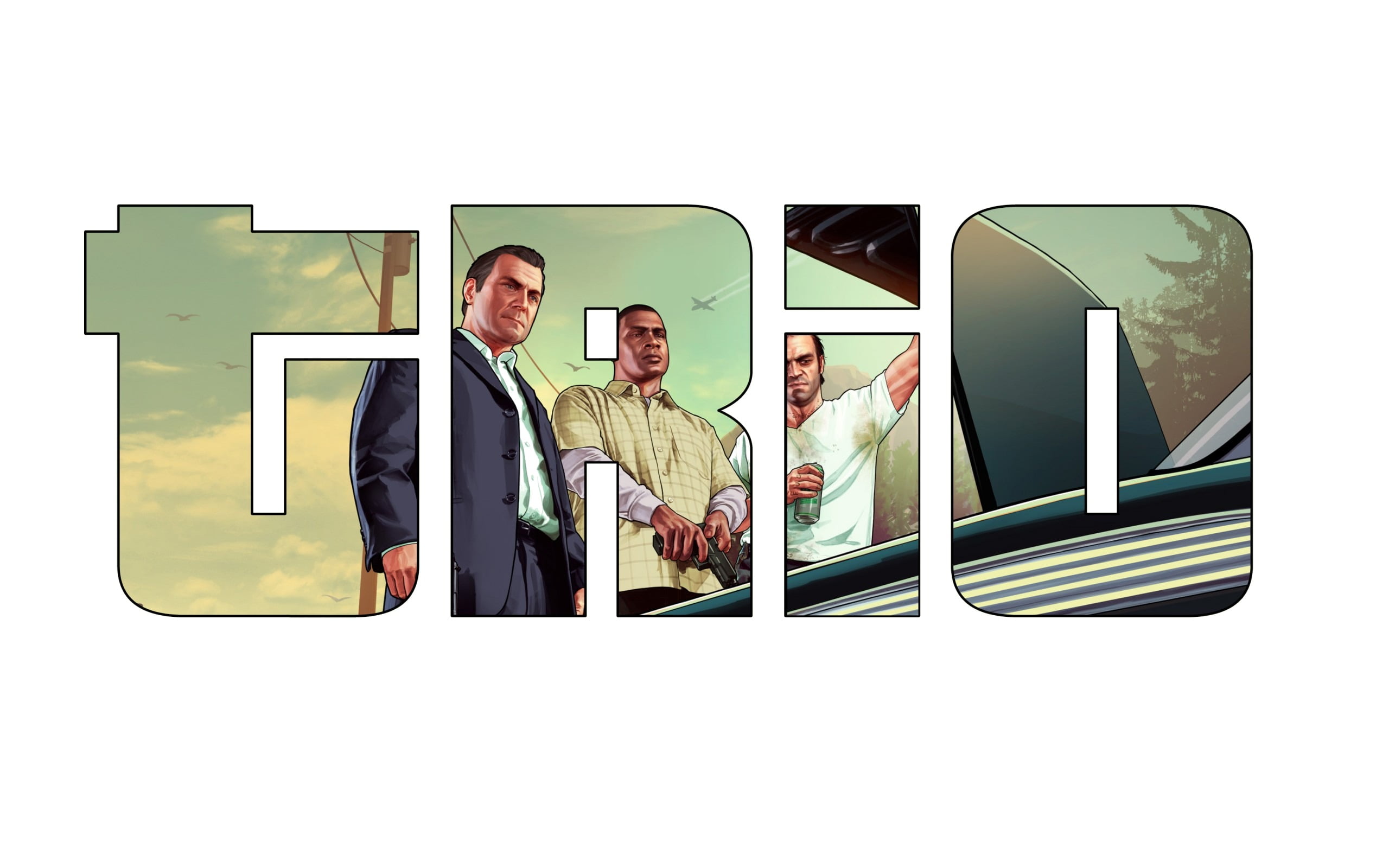 typography, front view, well-dressed, auto, technology, businessman, copy space, trio, screen, Grand Theft Auto V, group of people, business person, young men, HD Wallpaper