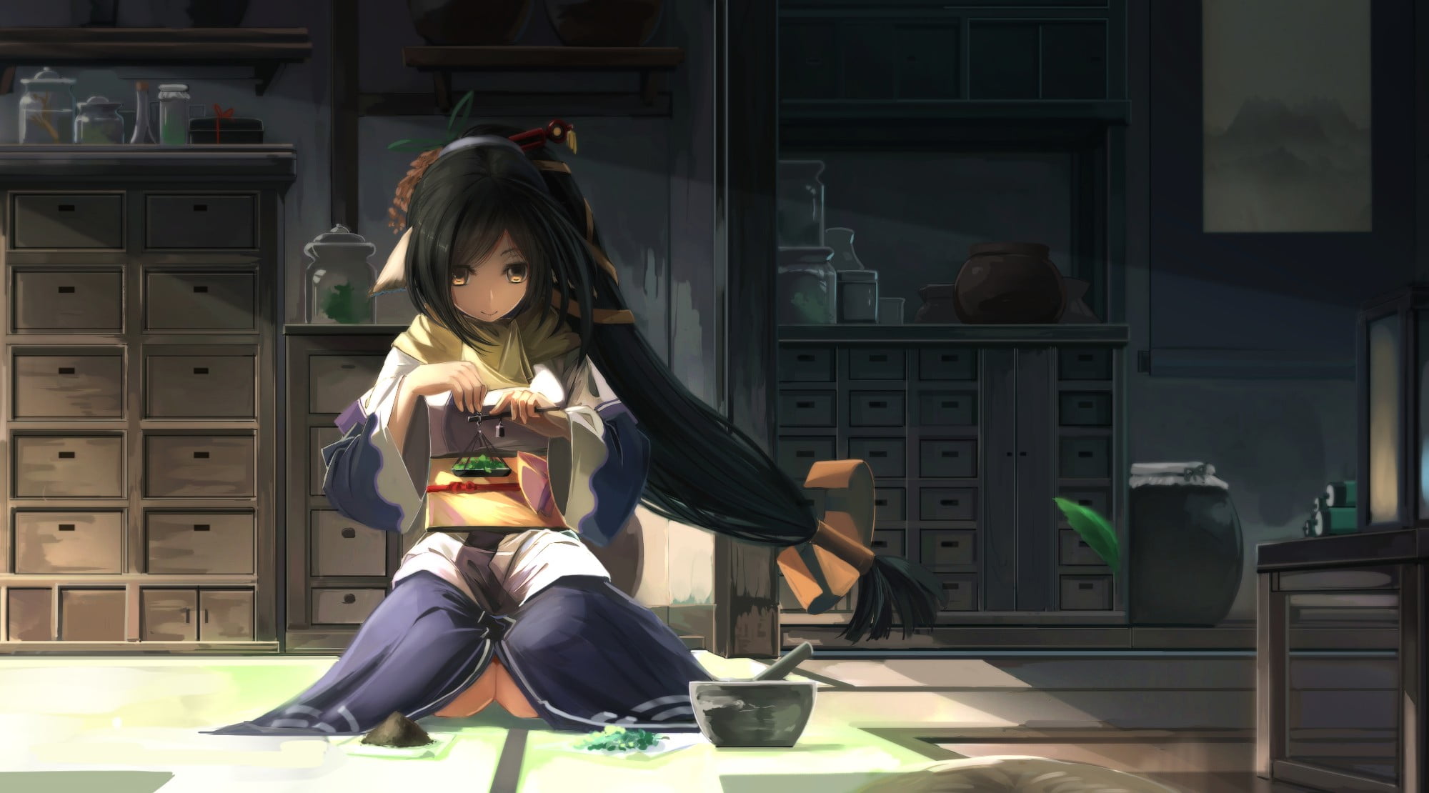 leisure activity, domestic room, hair ornament, bow, Utawarerumono, character, anime, Kuon (Utawarerumono), holding, front view, one person, HD Wallpaper