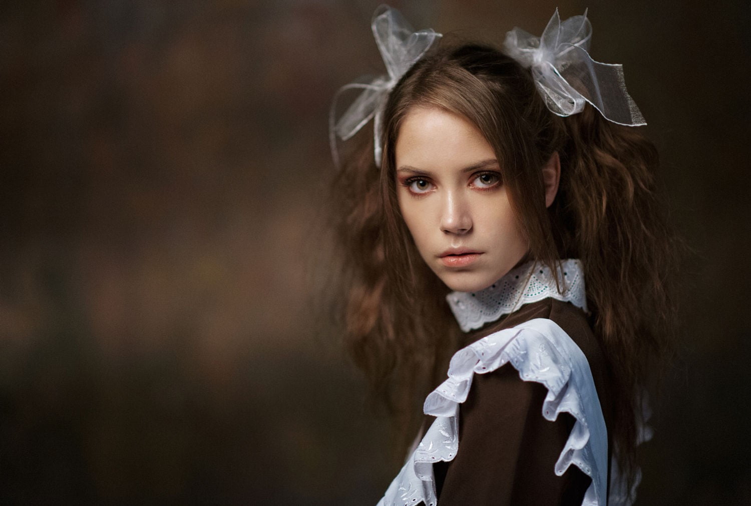 emotion, brunette, looking at viewer, indoors, brown hair, Maxim Maksimov, portrait, maid outfit, face, looking, 720P, looking at camera, contemplation, HD Wallpaper