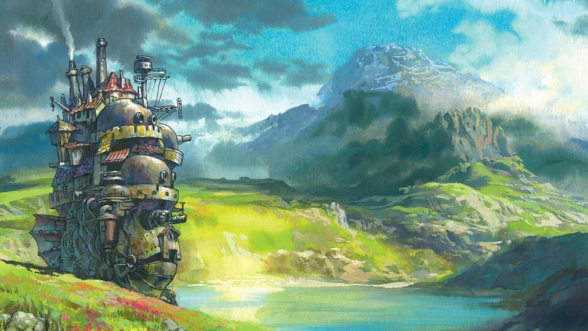 Mechanical, 1080P, Movie, Studio Ghibli, Castle, Watercolor, Countryside, Technology, Moving, Scenery, Howls Moving Castle, HD Wallpaper