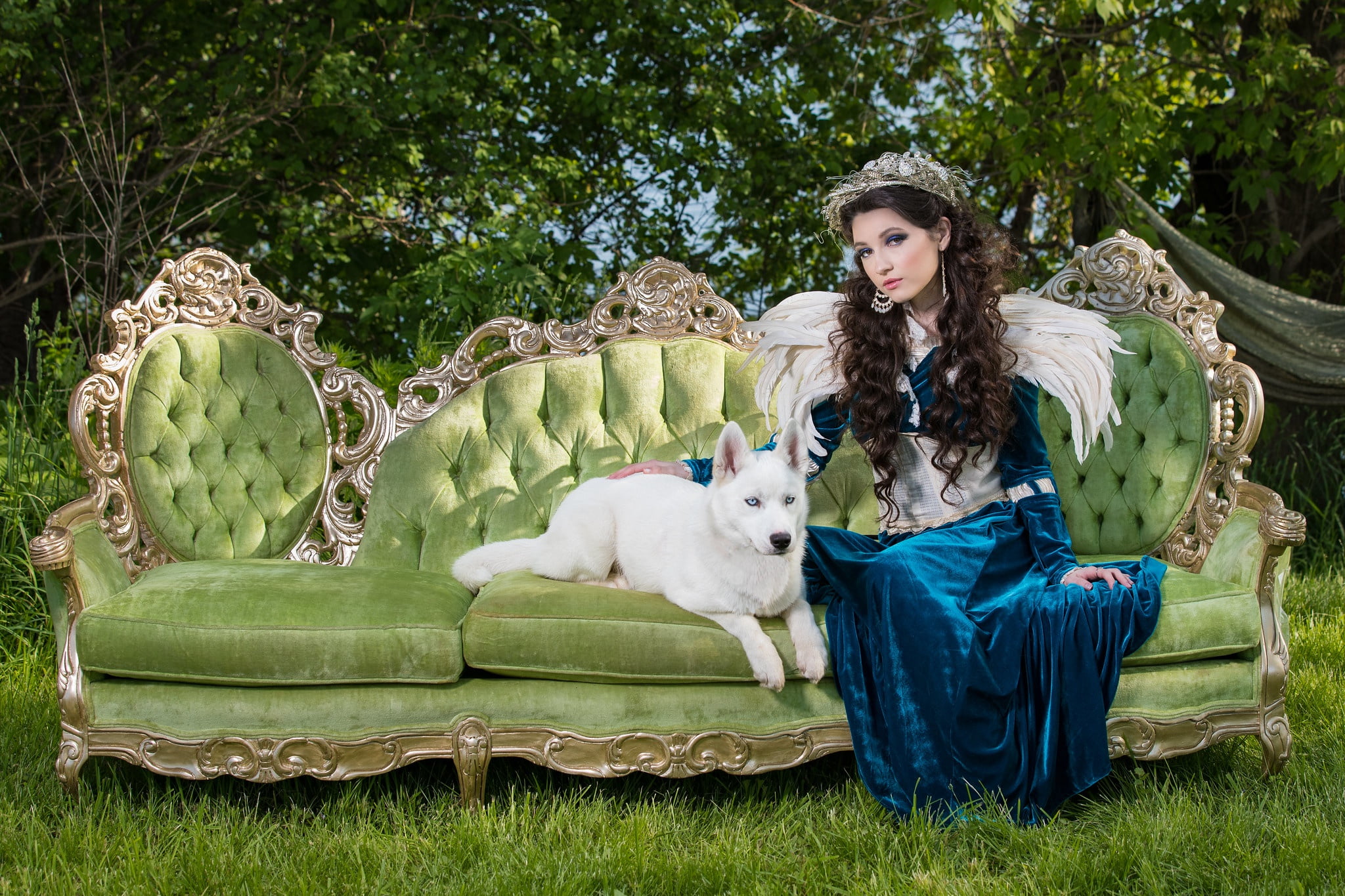 puppy, green, brunette, white, nature, feathers, girl, blue, Rococo, dog, sitting, sofa, wings, 1080P, the lady with the dog, husky, Baroque, lady, retro, HD Wallpaper