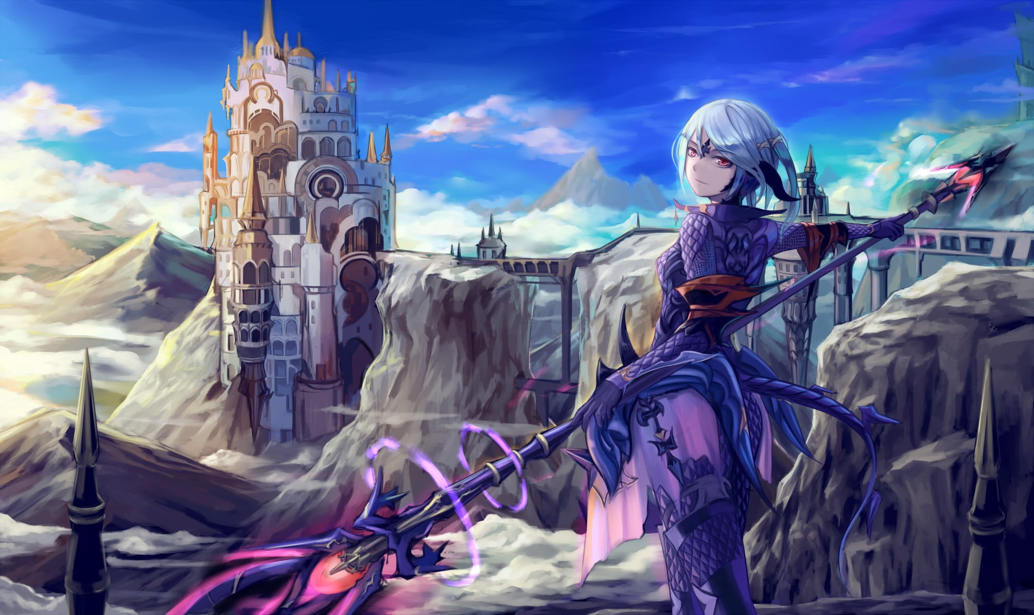cloud - sky, short hair, day, anime girls, building exterior, armor, anime, women, one person, Final Fantasy XIV, sky, tail, Final Fantasy, landscape, nature, HD Wallpaper