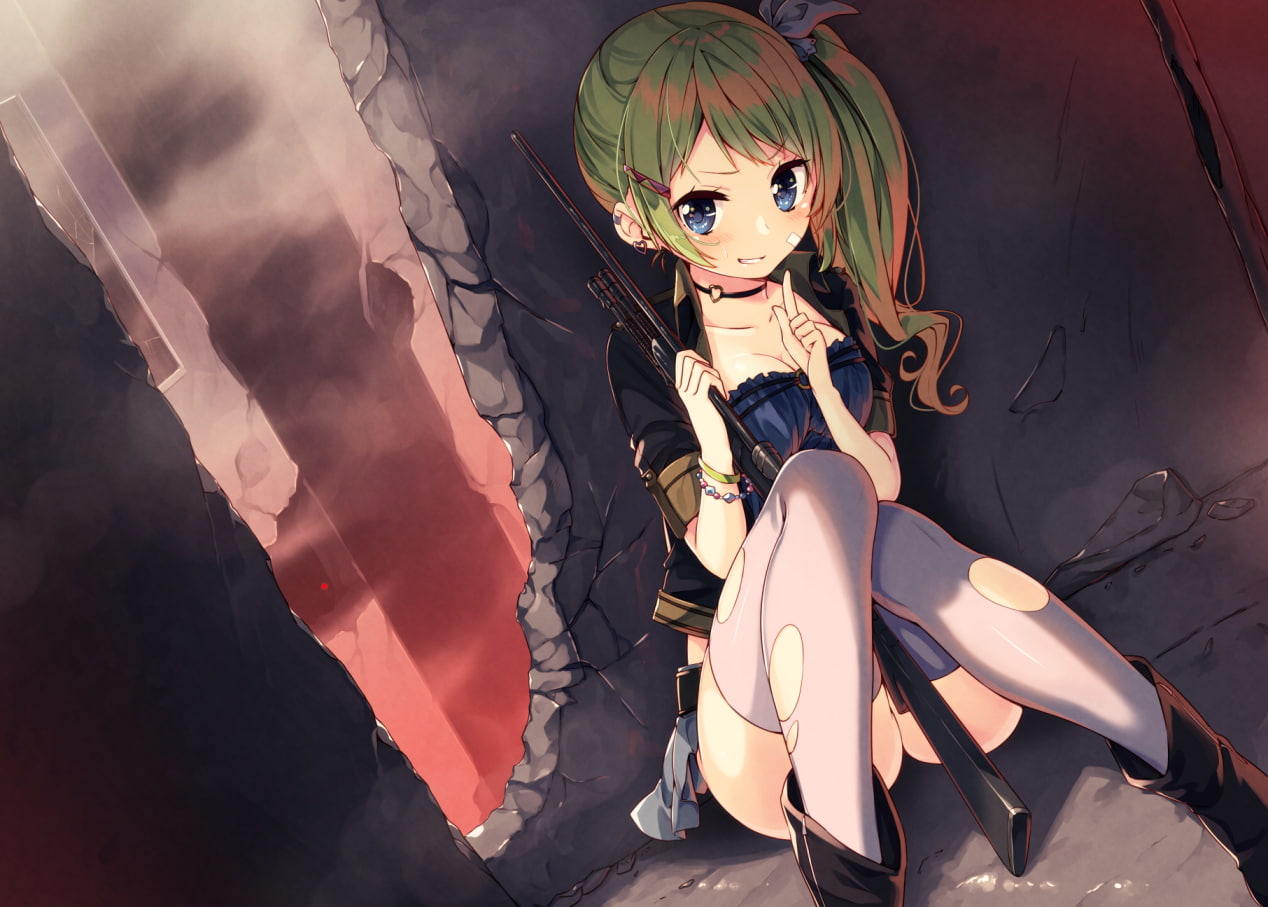 gun, anime, weapon, 480P, ponytail, sniper rifle, torn clothes, original characters, anime girls, HD Wallpaper