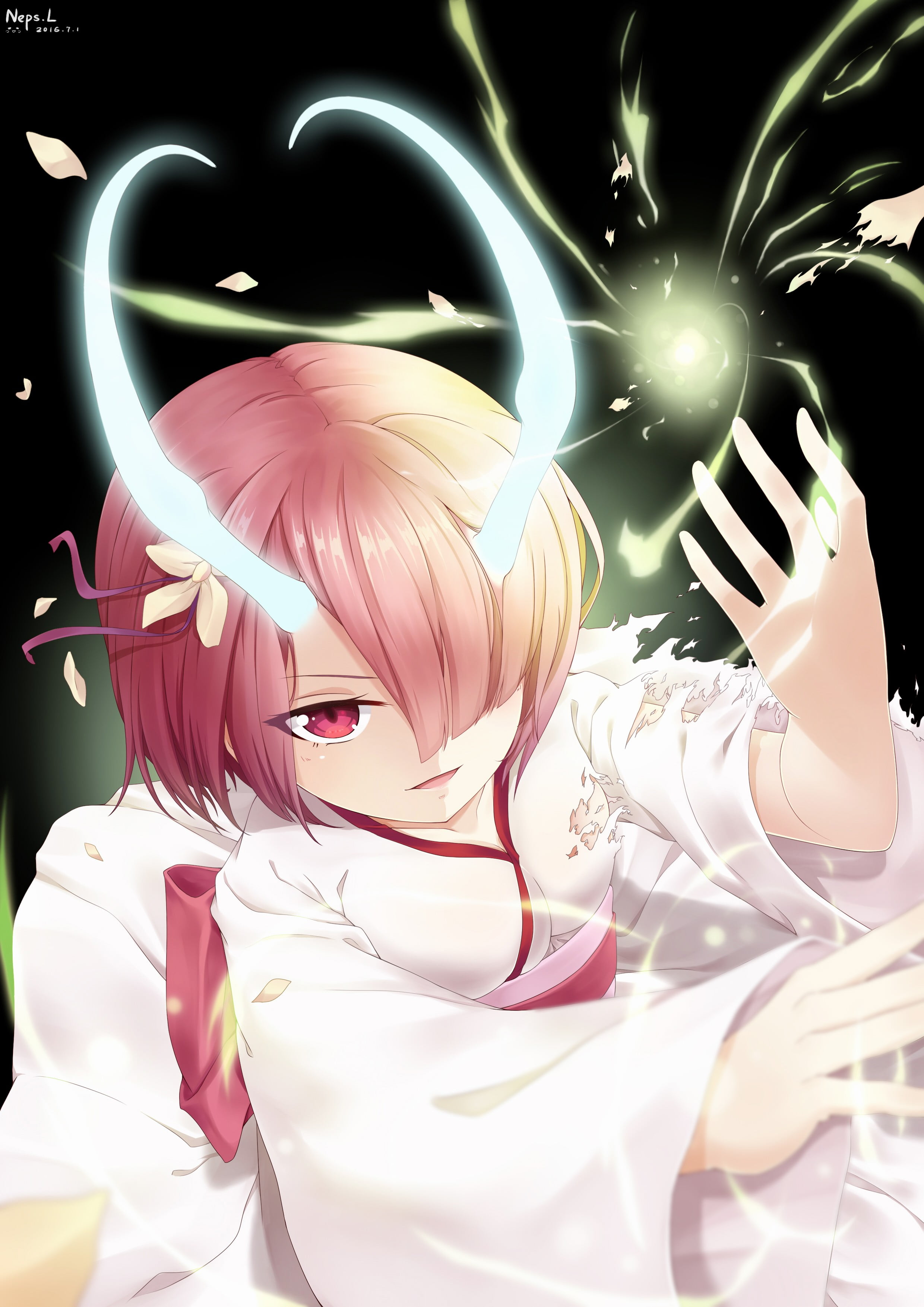 illuminated, blond hair, hair, red eyes, Ram (Re:Zero), fashion, torn clothes, people, night, headshot, music, disco dancing, human body part, cleavage, Phone HD Wallpaper