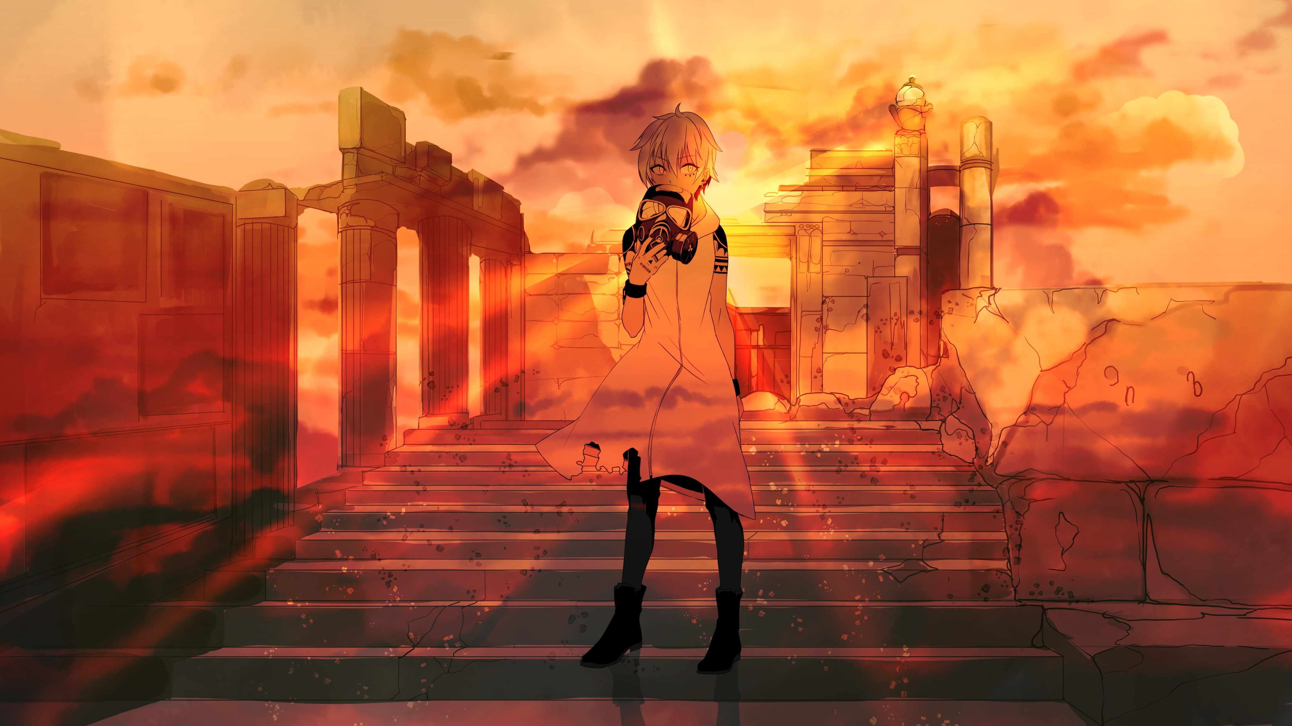 mask, 4K, tattoo, sunset, anime, boots, torn clothes, ruins, short hair, stairs, anime girls, HD Wallpaper