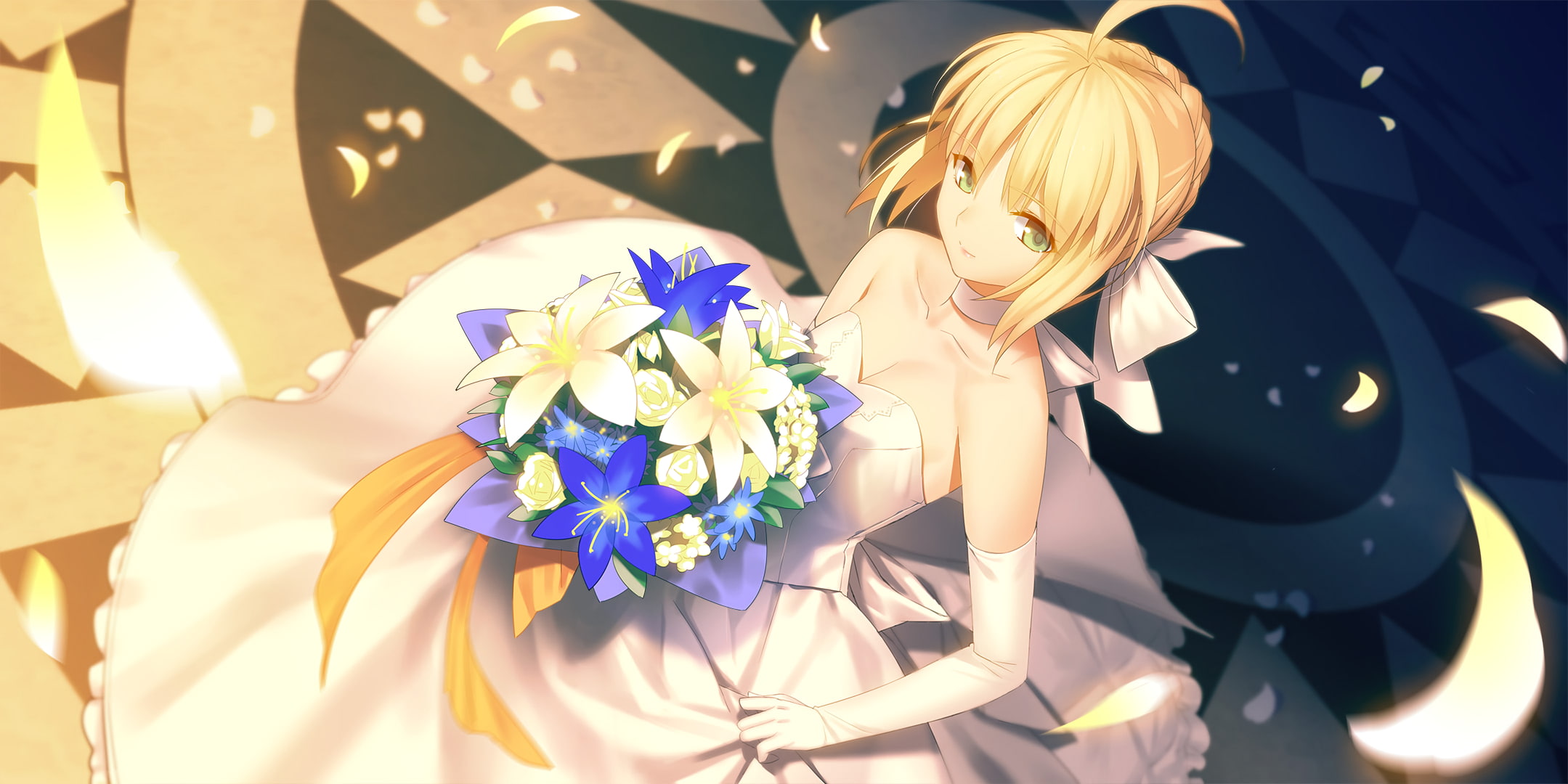 petals, anime, Fate Series, cleavage, flowers, ornamented, blonde, wedding dress, weddings, choker, Saber, elbow gloves, green eyes, 1080P, Fate/Stay Night, HD Wallpaper