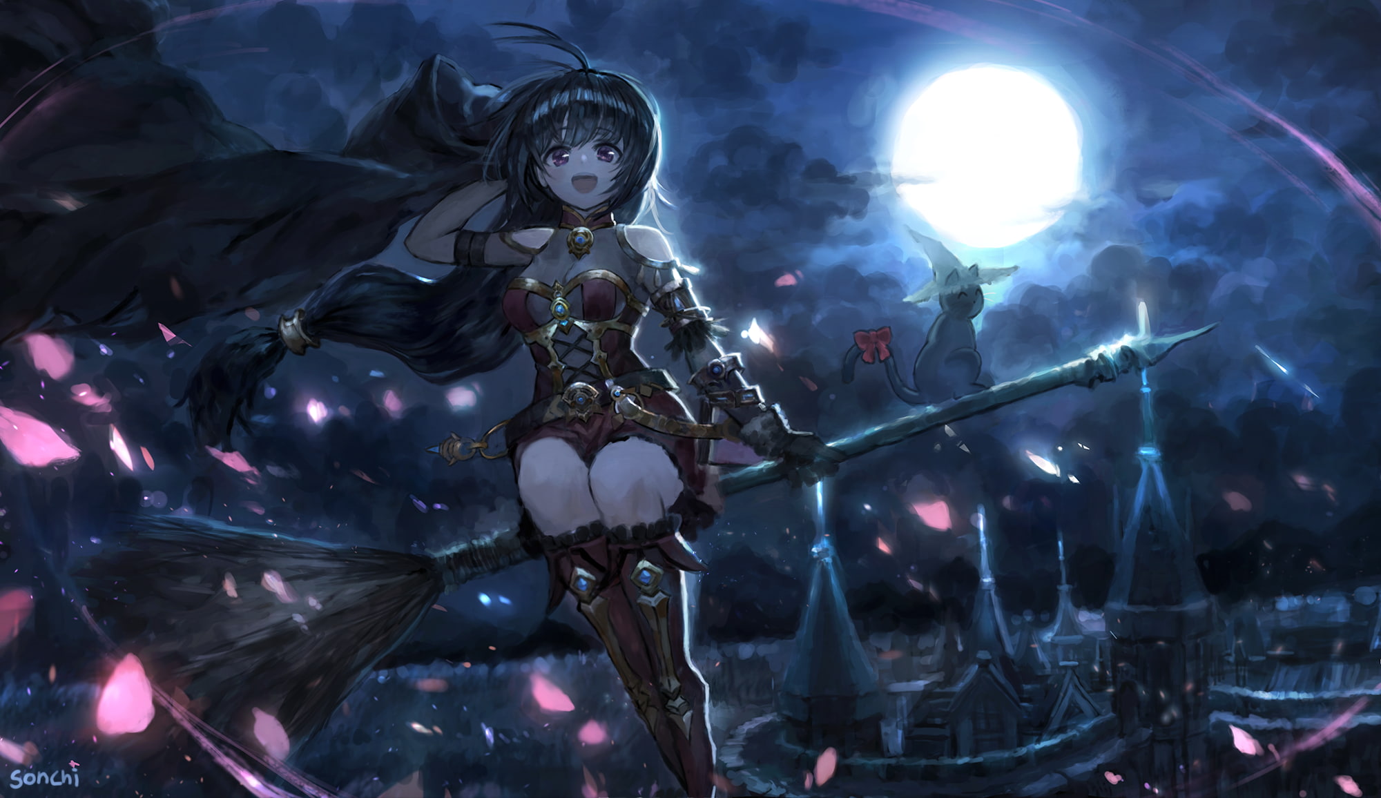 night, cat, pink eyes, black hair, gloves, 1080P, witch, long hair, anime, sky, elbow gloves, Moon, dark, dress, clouds, building, HD Wallpaper