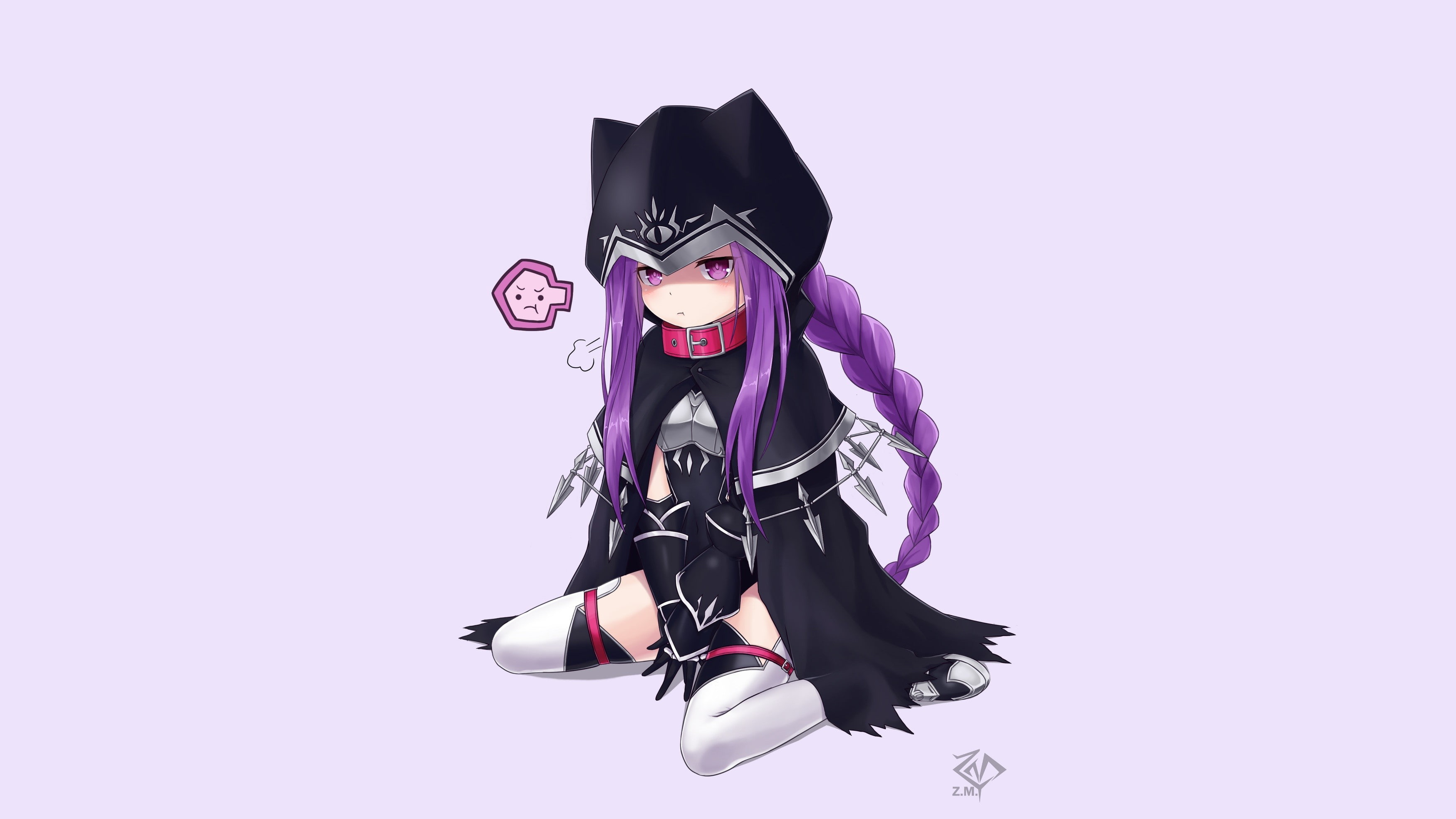 purple eyes, blushing, white background, long hair, collars, armor, hoods, Rider (Fate/Grand Order), purple hair, Fate Series, gloves, cape, elbow gloves, HD Wallpaper