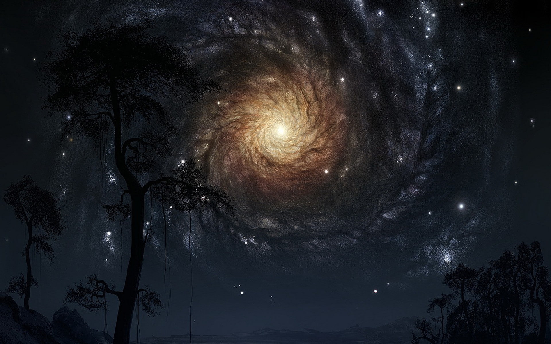sky, BlackStar, trees, space, 1080P, space art, digital art, HD Wallpaper