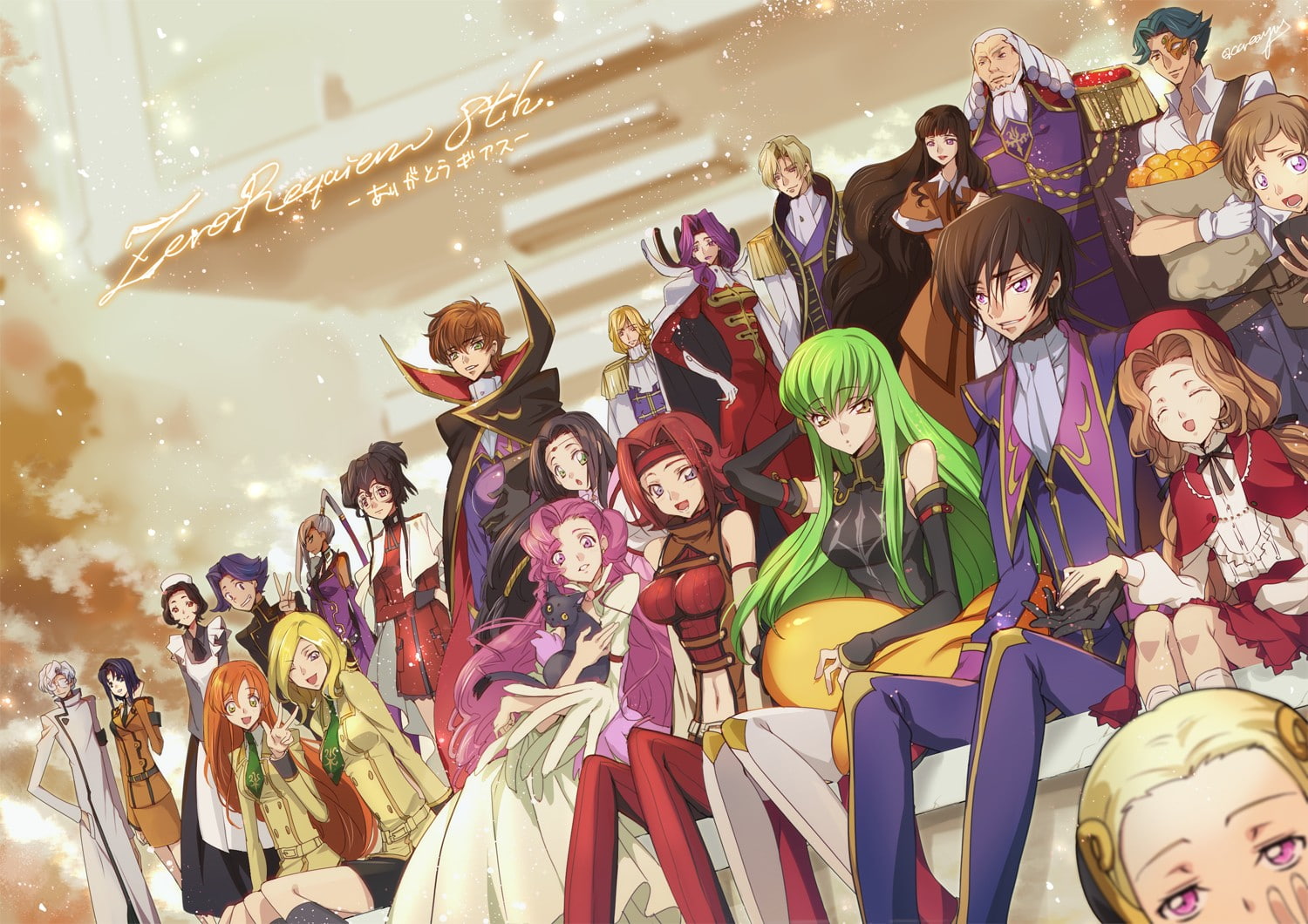 outdoors, Villetta Nu, Kallen Stadtfeld, representation, adult, crowd, Lamperouge Lelouch, Euphemia li Britannia, Lamperouge Nunnally, Milly Ashford, C.C., HD Wallpaper