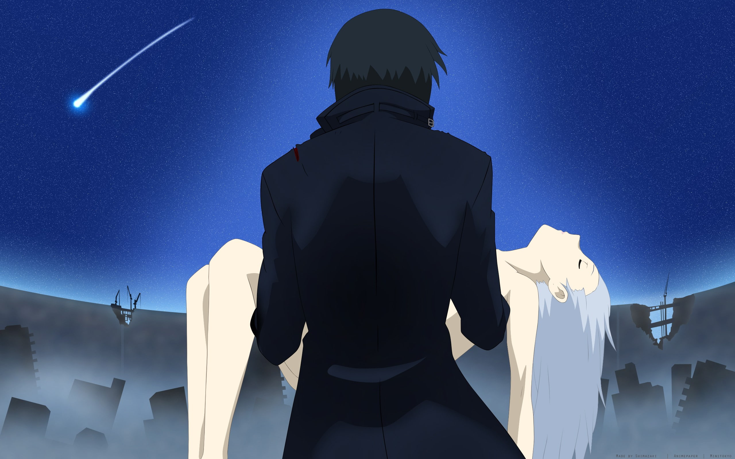 silhouette, Yin, anime vectors, clear sky, low angle view, blue, standing, real people, built structure, Darker than Black, sky, waist up, men, building exterior, HD Wallpaper