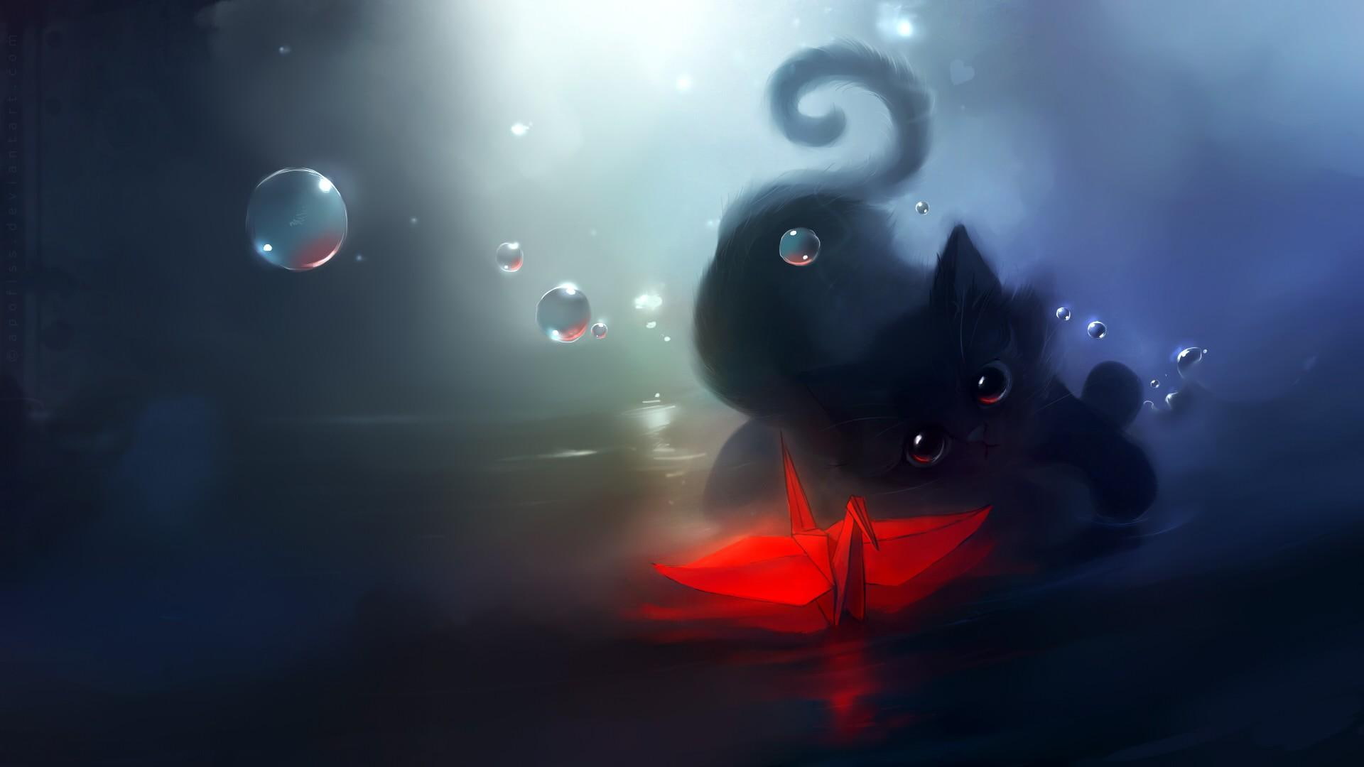 3d and abstract, hey, 1080P, kitty, cute, animal, bubble, dark, black, beautiful, HD Wallpaper