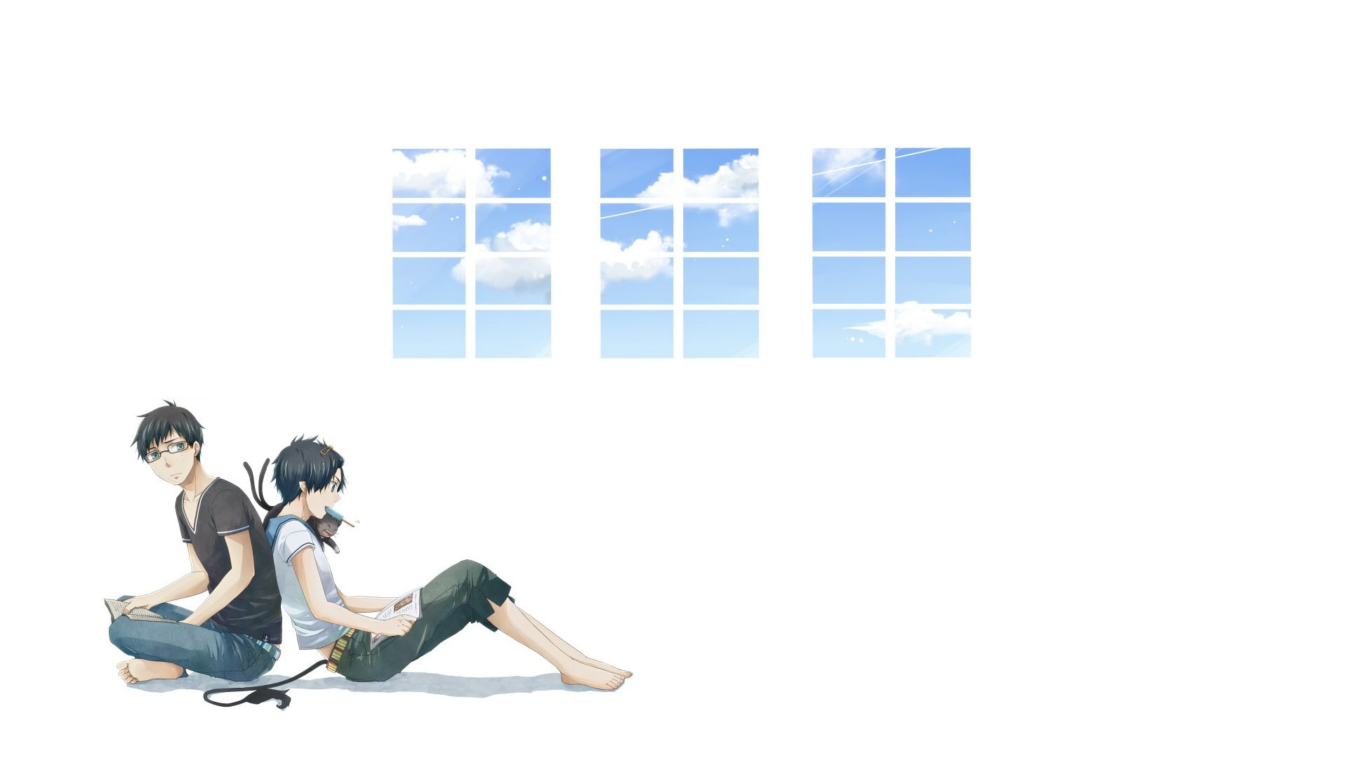 Okumura Rin, young adult, male, day, togetherness, character, people, Kuro, tail, black, studio shot, anime, leisure activity, copy space, digital composite, HD Wallpaper