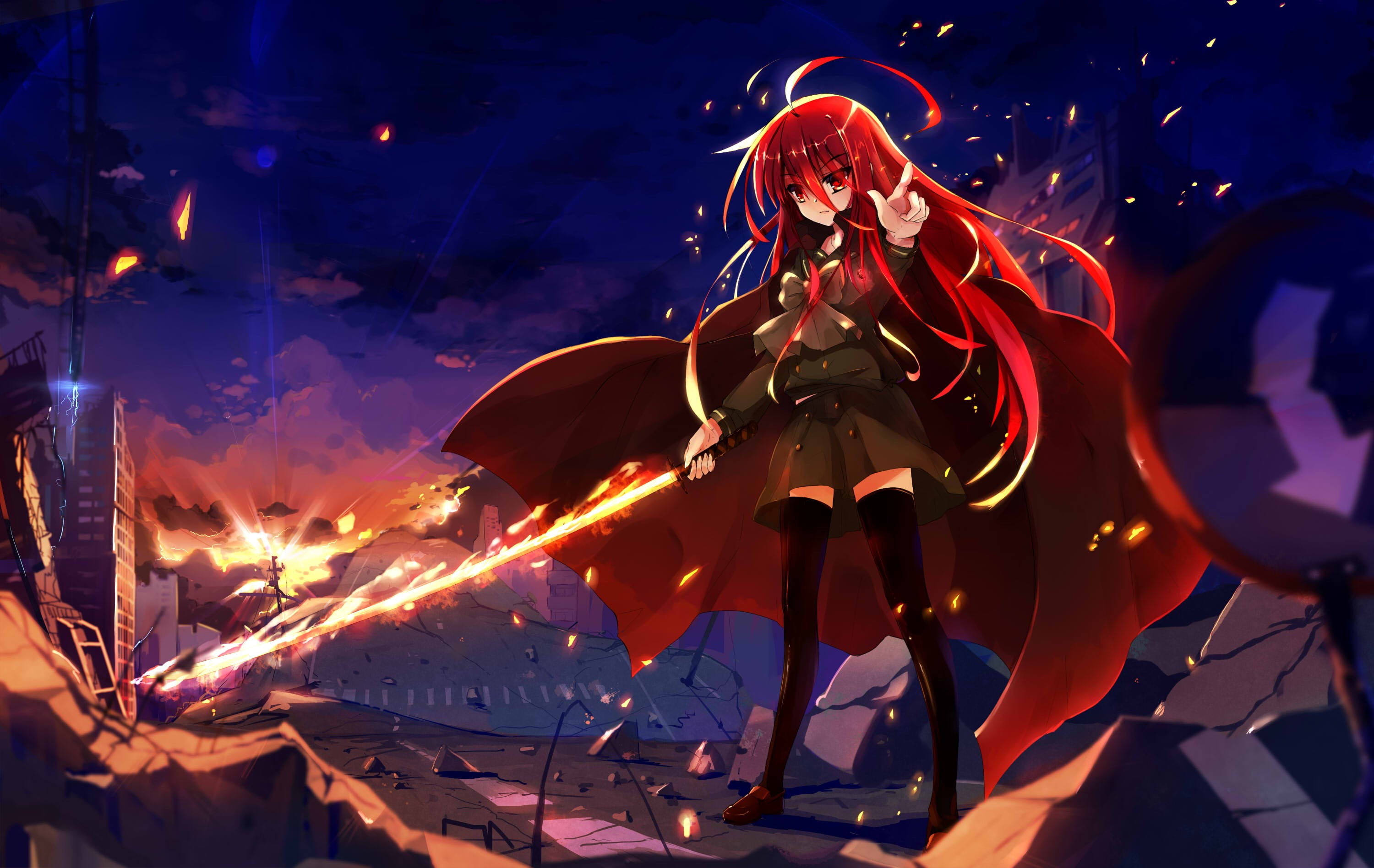fire - natural phenomenon, 2K, women, burning, school uniform, front view, three quarter length, Shakugan no Shana, illuminated, anime girls, thigh-highs, HD Wallpaper
