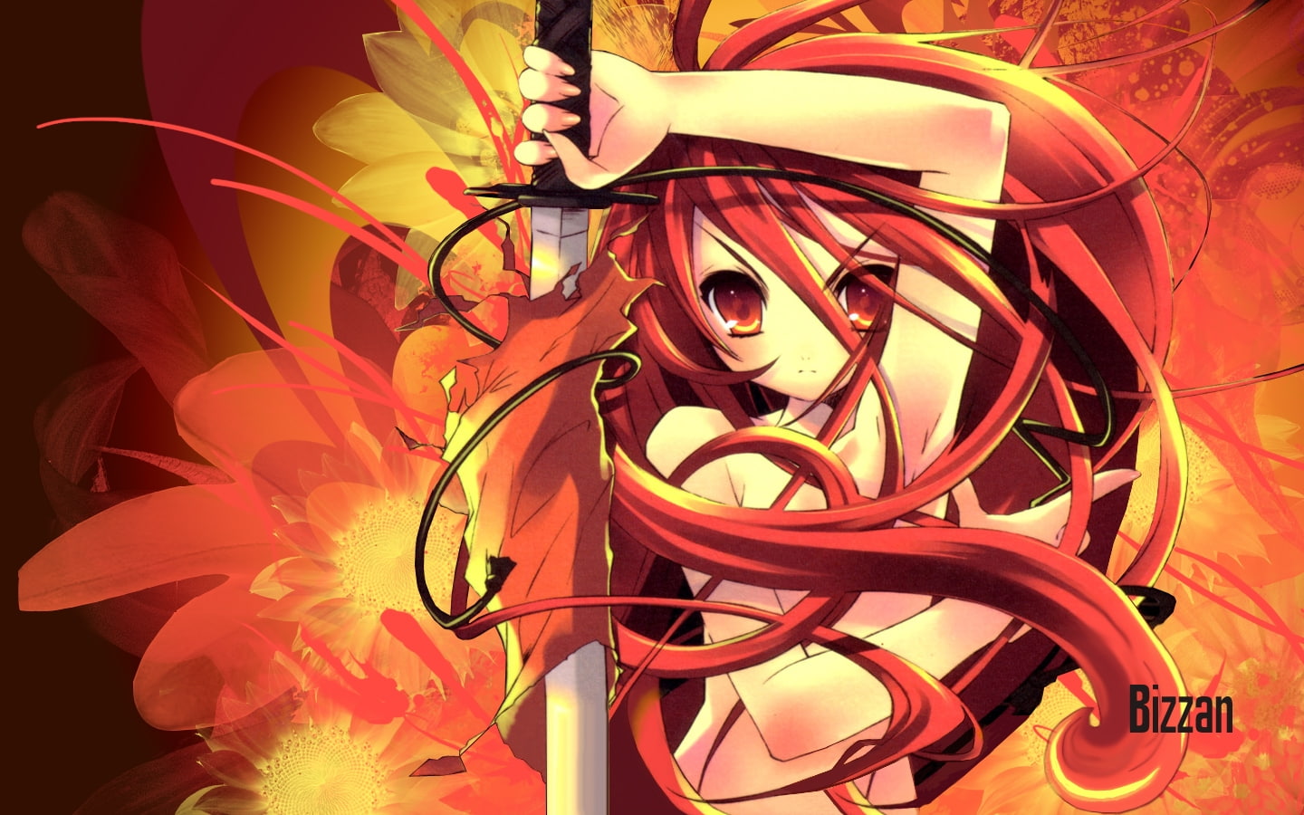 long, eyes, hair, shakugan, anime, x, swords, shana, hd, 720P, hot, Shakugan no shana, red, art, redheads, Fire, HD Wallpaper