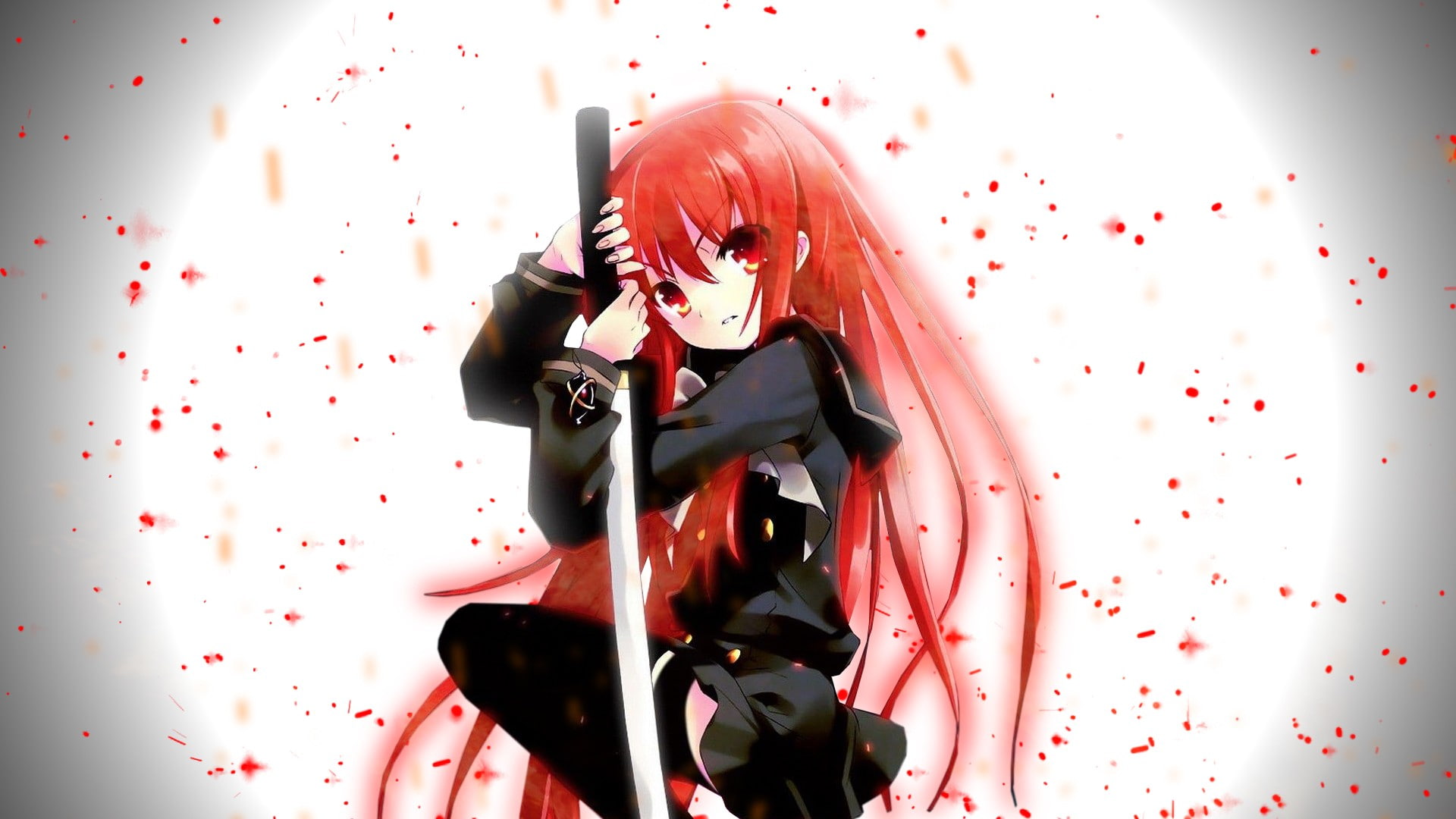 anime girls, Shana, red eyes, studio shot, confetti, portrait, standing, adult, 1080P, wall - building feature, women, red, sword, human body part, anime, HD Wallpaper