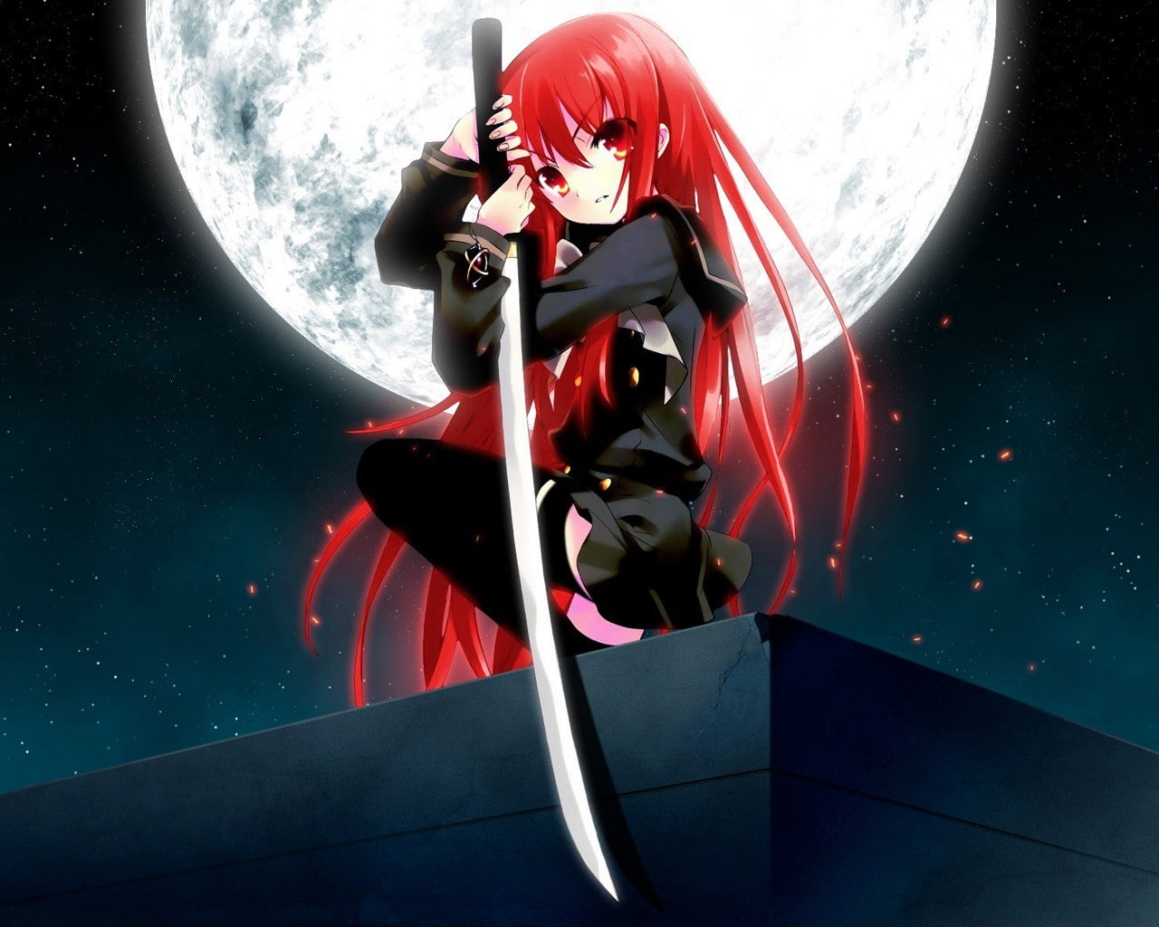 long hair, Shakugan no Shana, red eyes, redhead, school uniform, 720P, anime, Moon, stockings, Shana, anime girls, HD Wallpaper