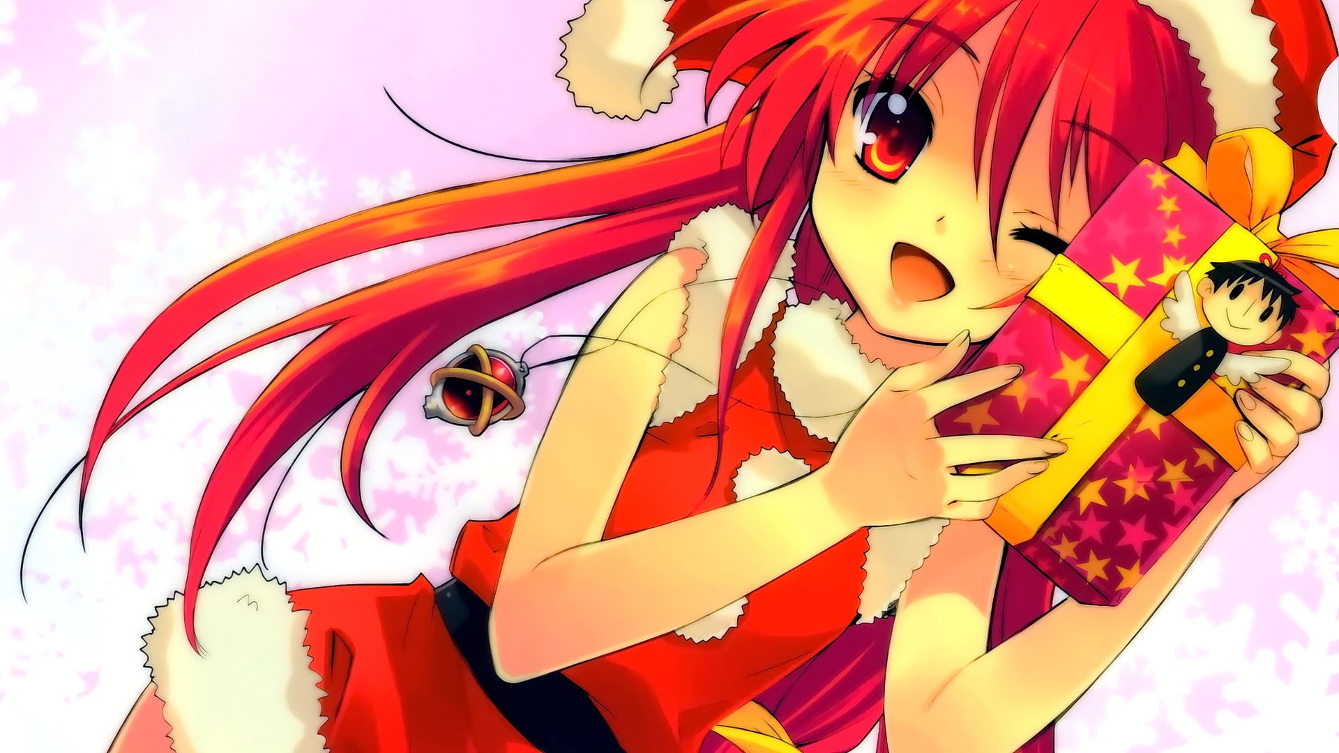 presents, red, festival, costume, anime girls, art and craft, anime, real people, representation, close-up, lifestyles, creativity, celebration, day, human representation, HD Wallpaper