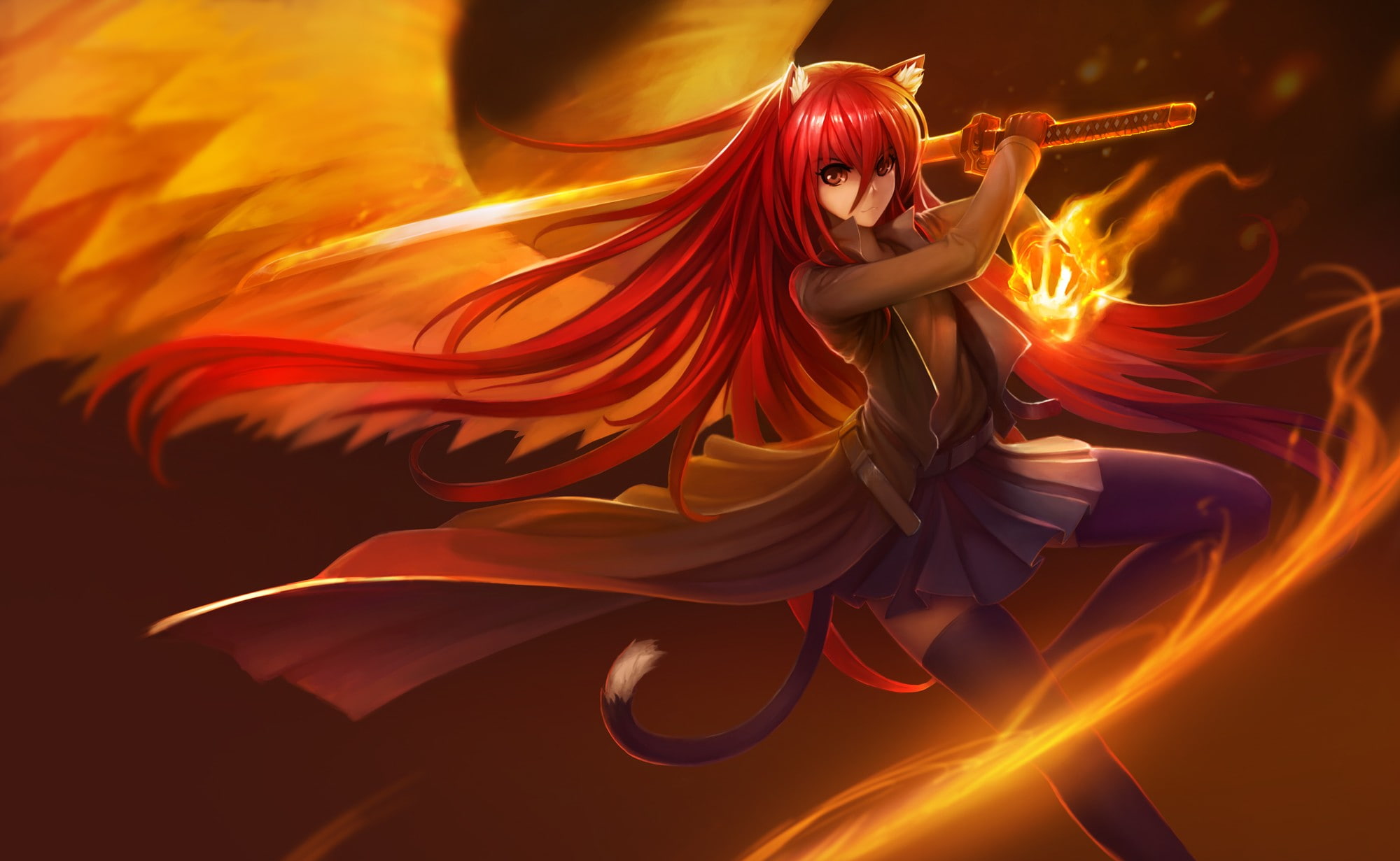 thigh-highs, animal ears, katana, glowing, beauty, 1080P, Shana, creativity, orange color, fire, adult, redhead, heat - temperature, nature, wings, skirt, HD Wallpaper