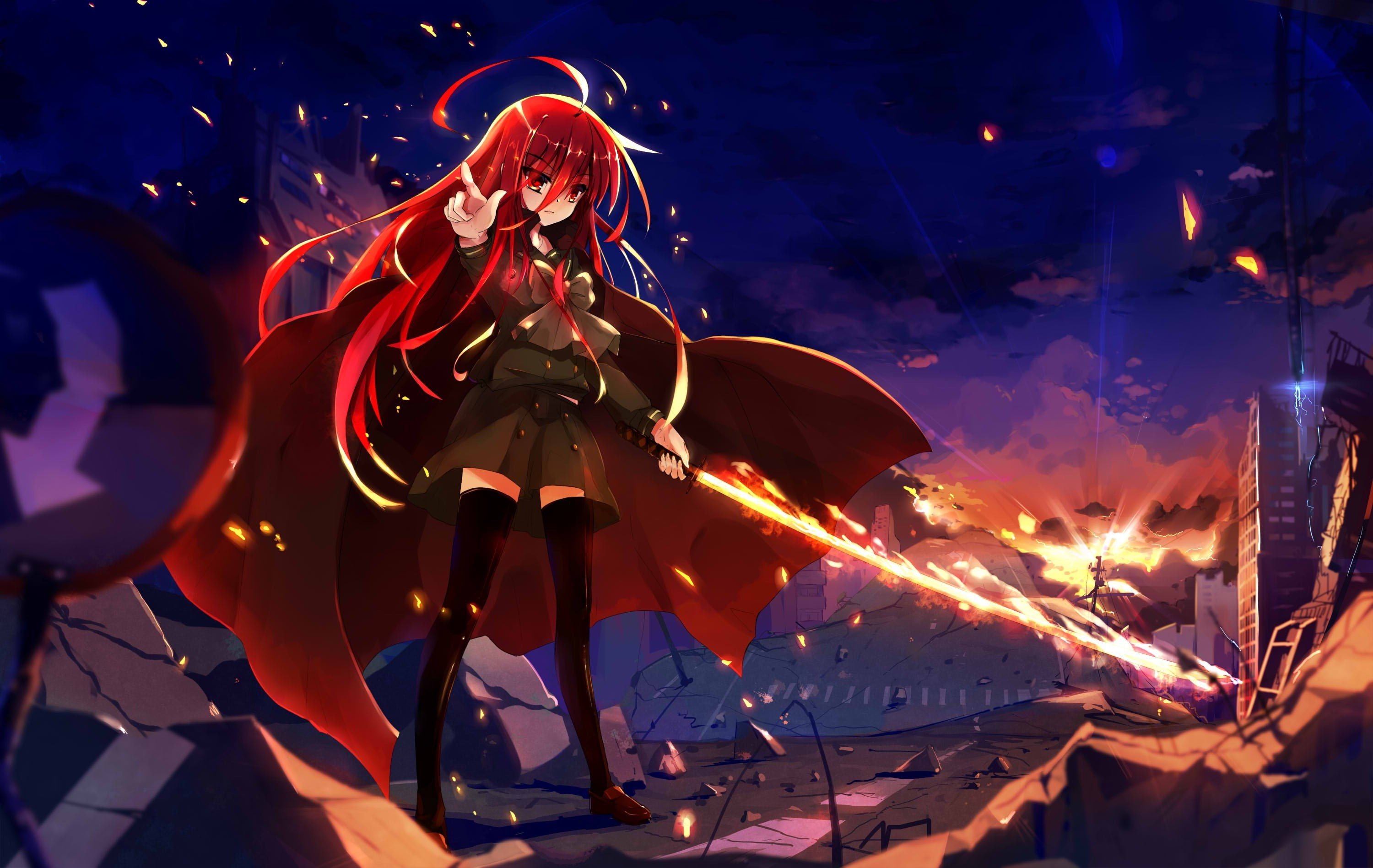 Anime Girls, 2K, Ahoge, Shakugan No Shana, Shana, School Uniform, anime, Thigh highs, HD Wallpaper