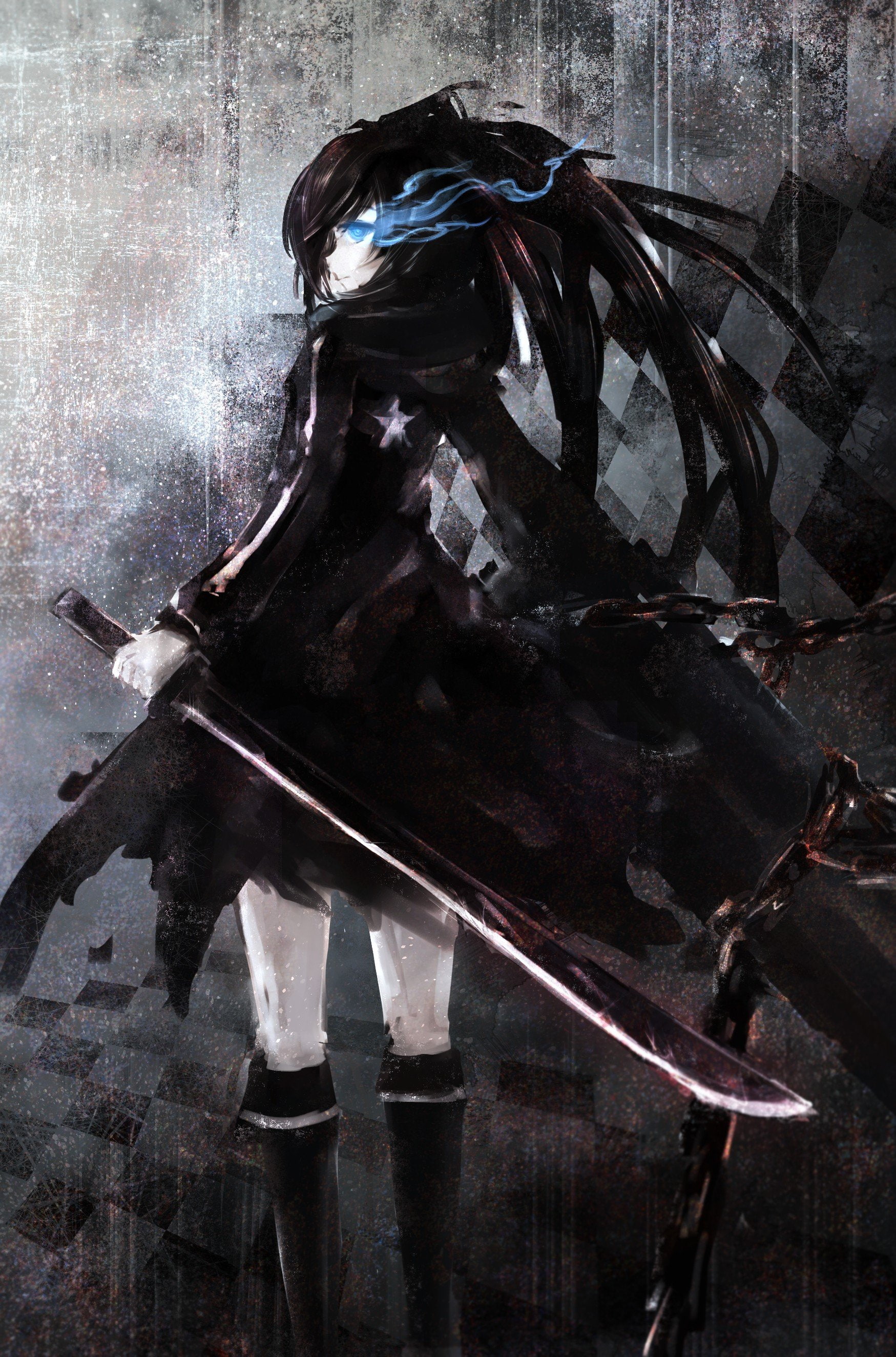 Anime Girls, Kuroi Mato, sword, Black Rock Shooter, Fiery Eyes, tiles, Long Hair, 2K, anime, twintails, Phone HD Wallpaper