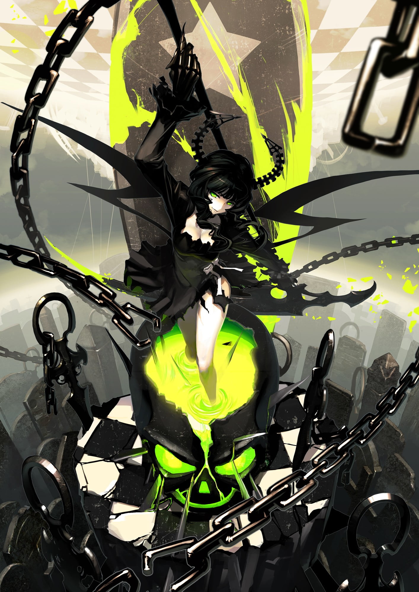 chains, no people, communication, scythe, pale, Dead Master, high angle view, indoors, black dress, activity, green color, anime girls, cycling, Black Rock Shooter, Phone HD Wallpaper