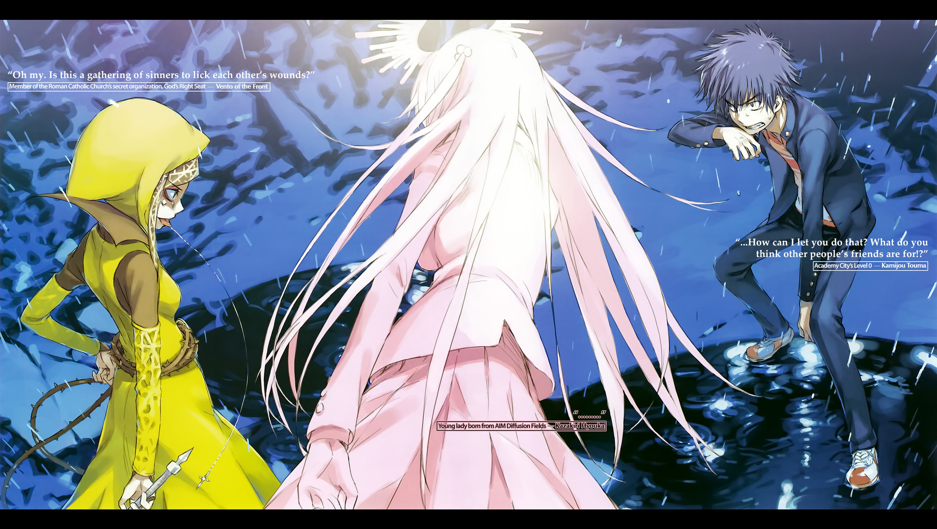 front, hyouka, majutsu, water, vento, touma, haimura, kiyotaka, aru, kamijou, rain, 2K, index, kazakiri, HD Wallpaper