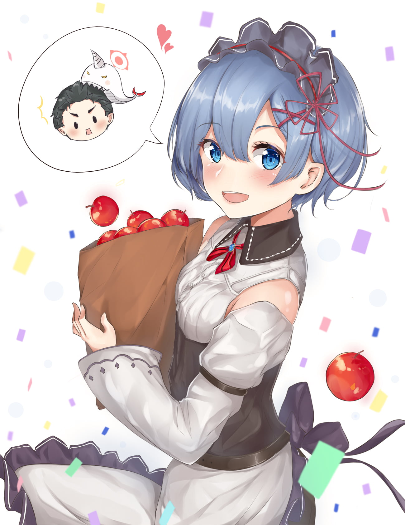 looking at camera, representation, 720P, aqua eyes, bag, young women, lifestyles, white color, apples, digital, portrait, adult, Rem (Re: Zero), Phone HD Wallpaper