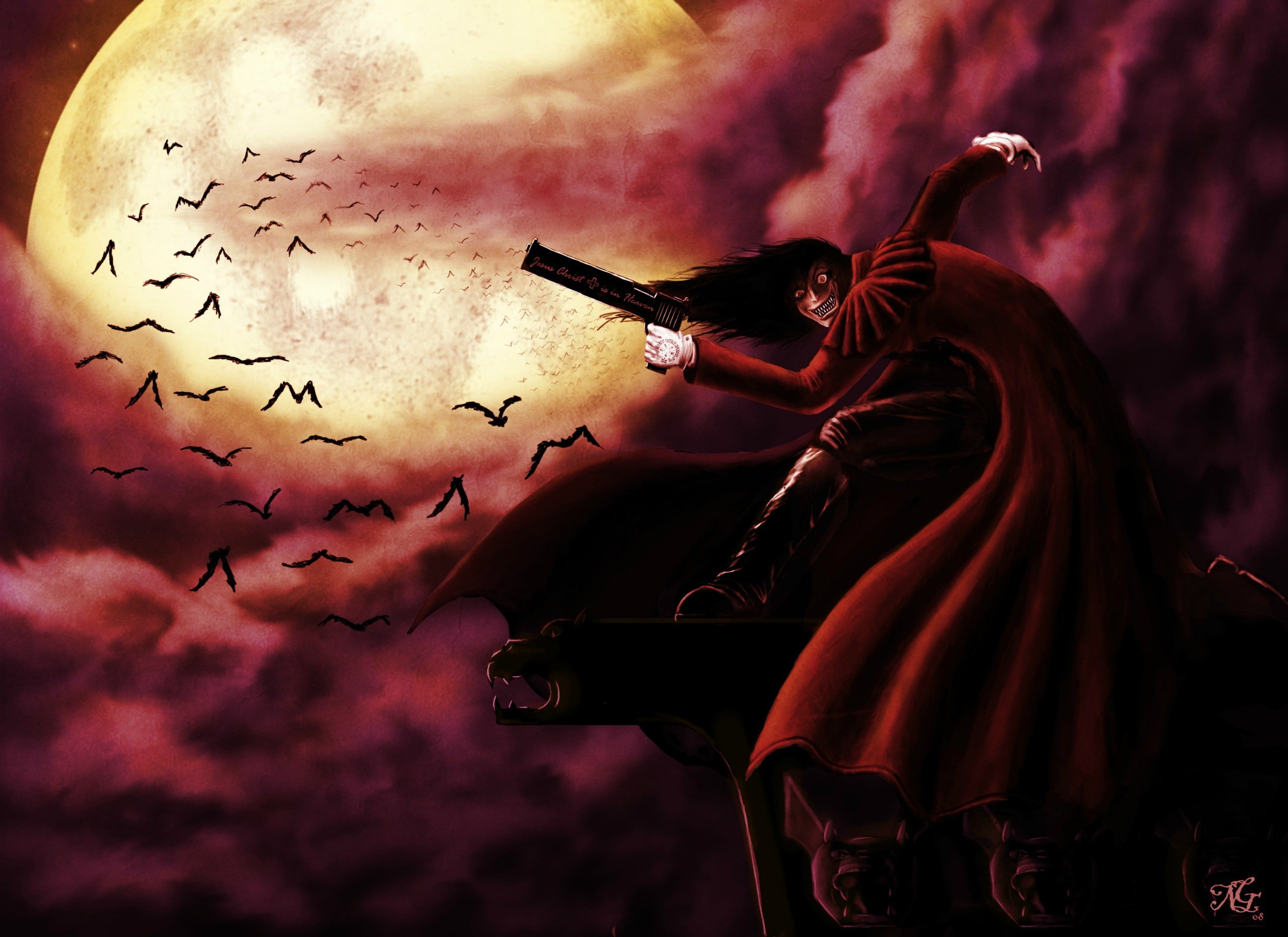 celebration, weapon, indoors, Hellsing, performance, Alucard, architecture, focus on foreground, arts culture and entertainment, smoke - physical structure, HD Wallpaper