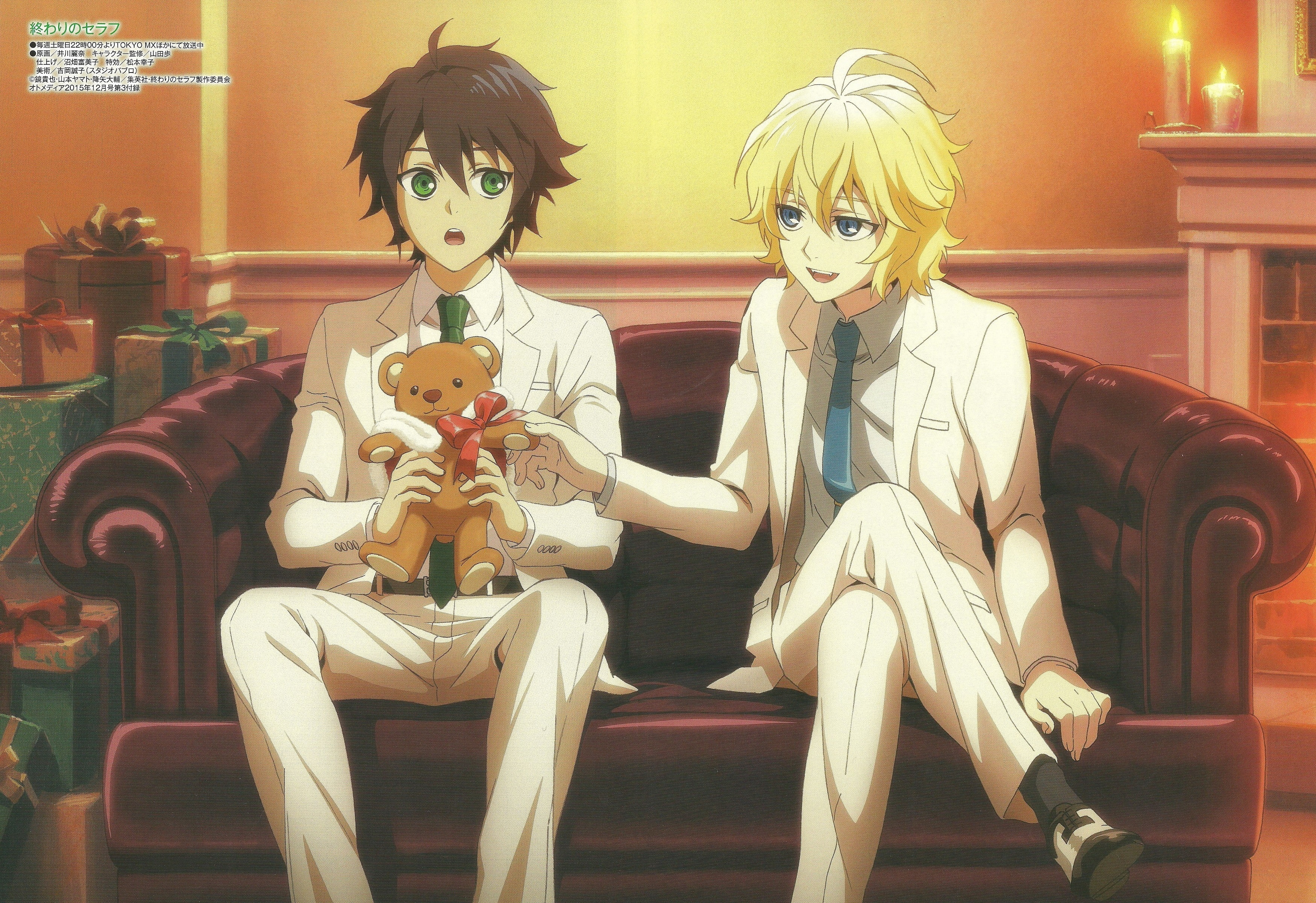 Owari no Seraph, candles, 2K, bear, fireplace, Michaela Hyakuya, tie, gifts, Yamato Yamamoto, green eyes, Yuuichirou Hyakuya, costume, art, sofa, HD Wallpaper