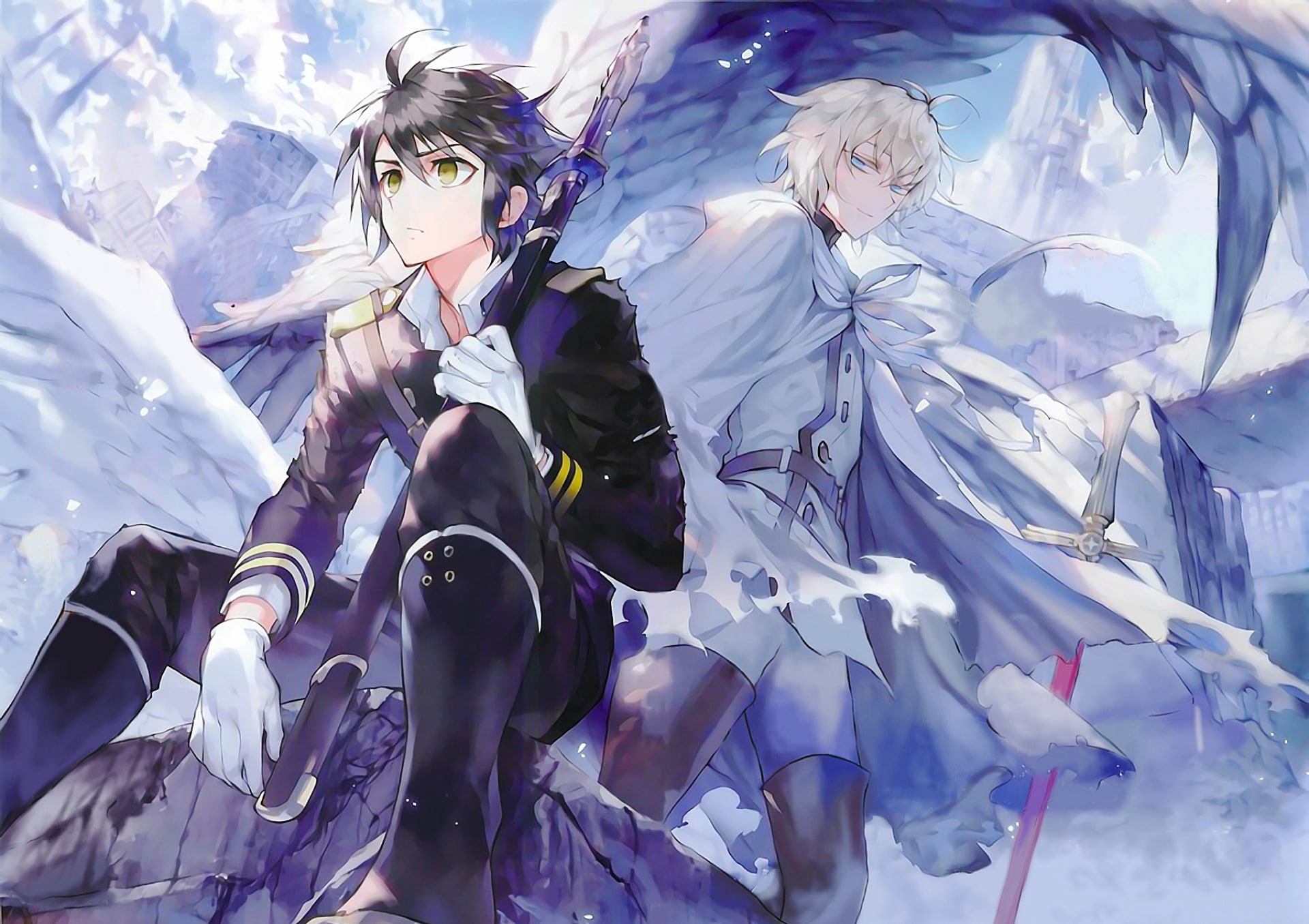 Michaela Hyakuya, art, wings, gloves, Owari no Seraph, vampire, sword, 1080P, Yamato Yamamoto, friends, Yuuichirou Hyakuya, destruction, military uniform, HD Wallpaper