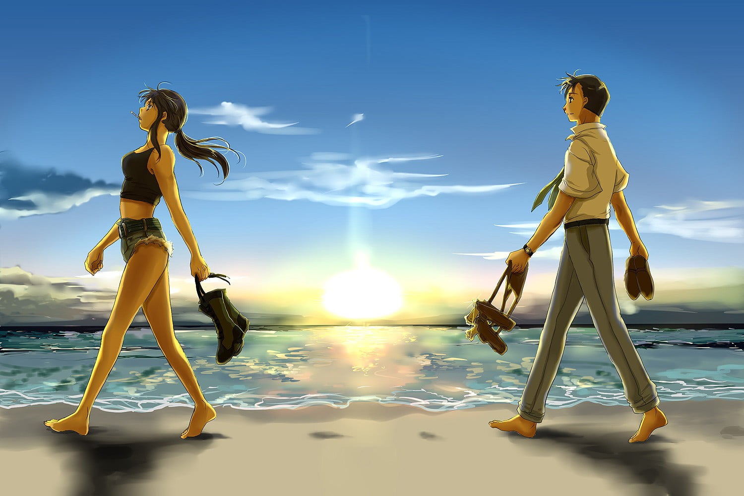 young women, togetherness, adult, anime girls, anime boys, people, lens flare, nature, Rokuro, water, sky, sea, Hiroe Rei, Revy, tranquility, full length, HD Wallpaper