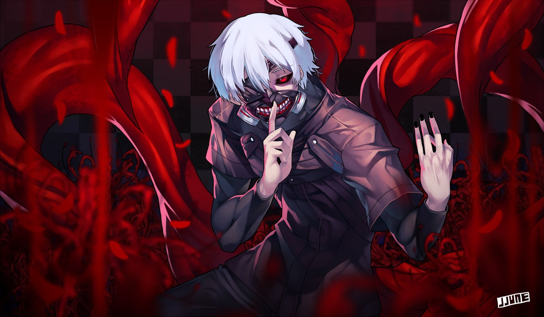 short hair, 720P, Kaneki Ken, anime boys, jjune, anime, red eyes, white hair, HD Wallpaper