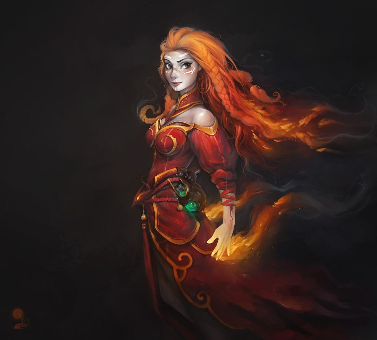 hair, indoors, adult, fire, beautiful woman, Lina Inverse, dyed red hair, young adult, Dota 2, redhead, 720P, video games, orange color, Lina, black background, HD Wallpaper