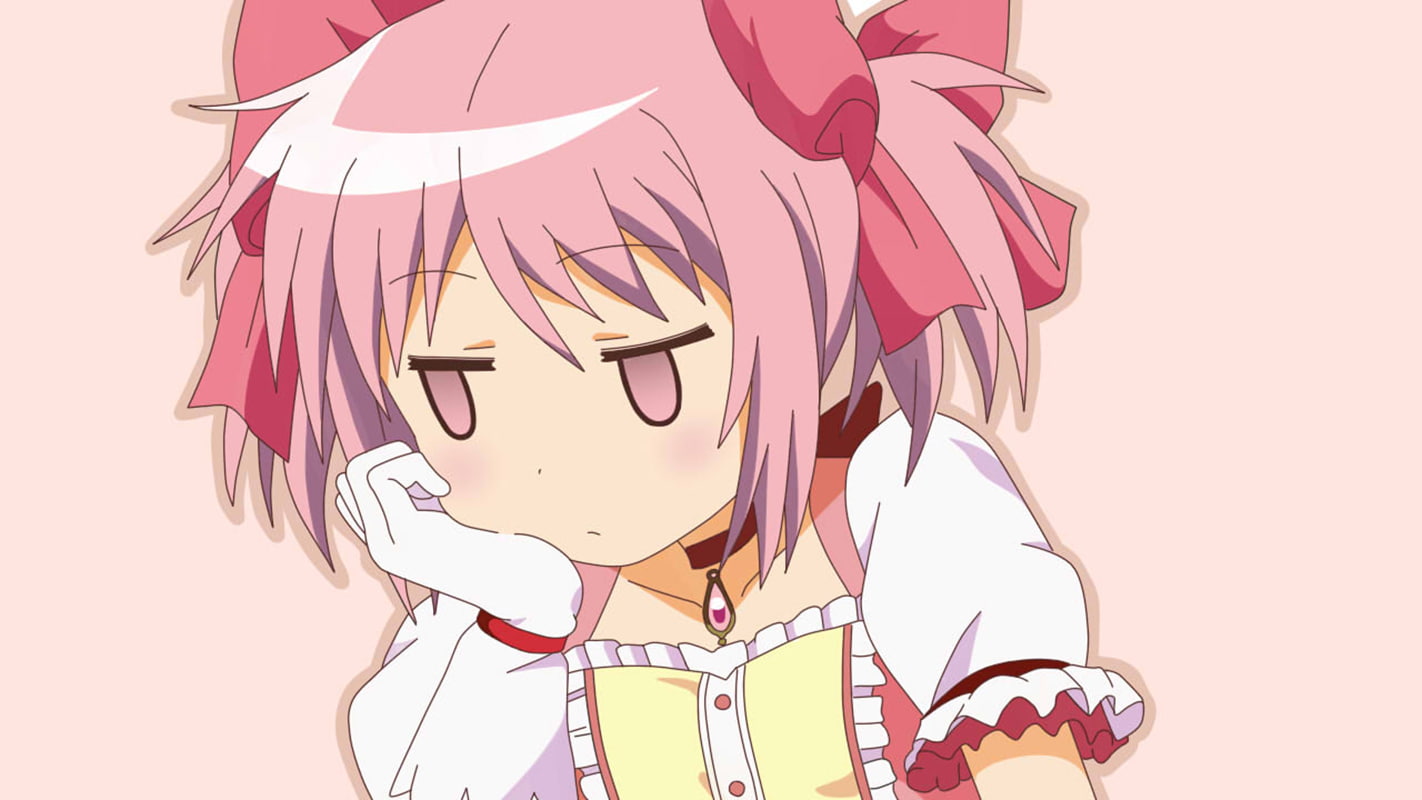 pink, no people, 720P, Kaname Madoka, white skin, close-up, anime, white dress, studio shot, animal representation, pattern, representation, pink hair, HD Wallpaper
