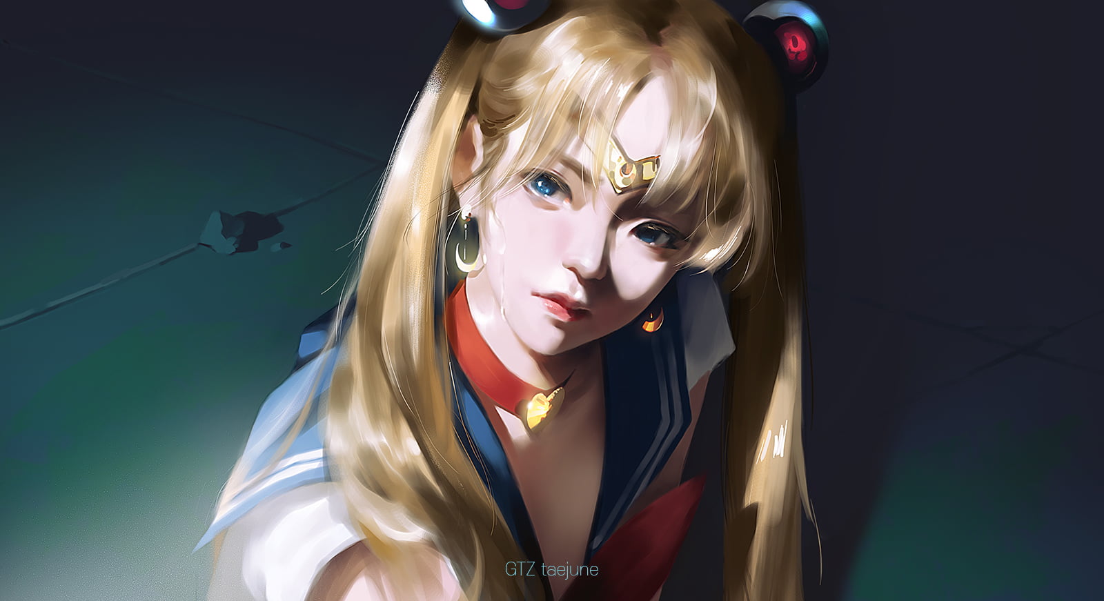 2D, choker, portrait, anime, blonde, Taejune Kim, 720P, blue eyes, face, anime girls, artwork, digital art, fan art, looking at viewer, illustration, Sailor Moon, HD Wallpaper