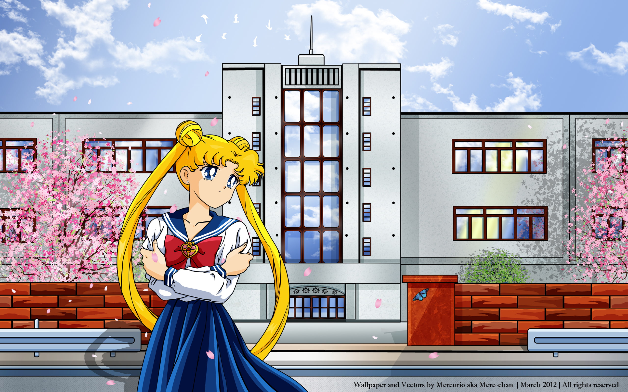 cherry, blossoms, seifuku, petals, tsukino, sailor, long, vector, blonde, usagi, hair, moon, 2K, twintails, HD Wallpaper