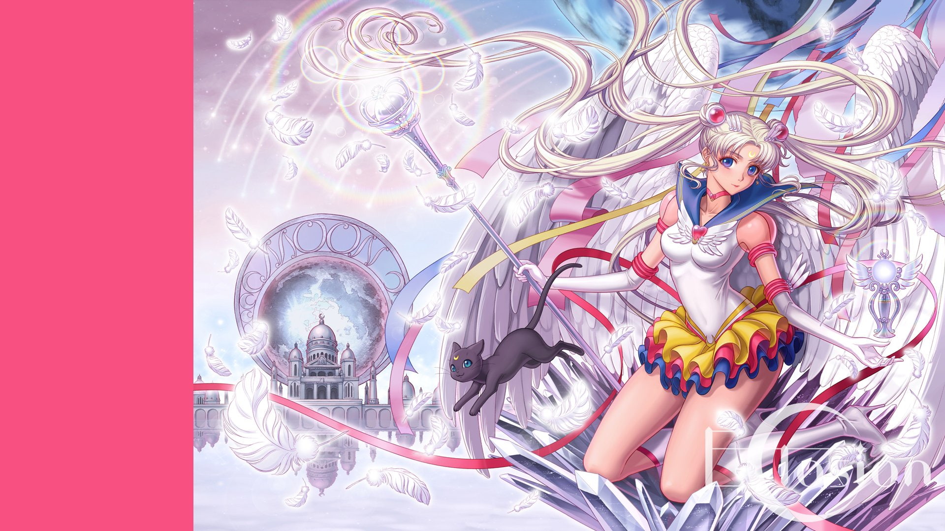 wings, animal, feathers, cat, sailor, usagi, luna, (sailor, 1080P, ribbons, moon, rainbow, eclosion, moon), tsukino, staff, HD Wallpaper