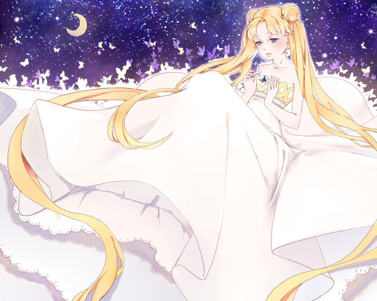 blue, usagi, tagme, hair, moon, tsukino, konachan, butterfly, 252063, stars, com, long, 720P, (artist), neo, blonde, queen, dress, sailor, serenity, eyes, HD Wallpaper