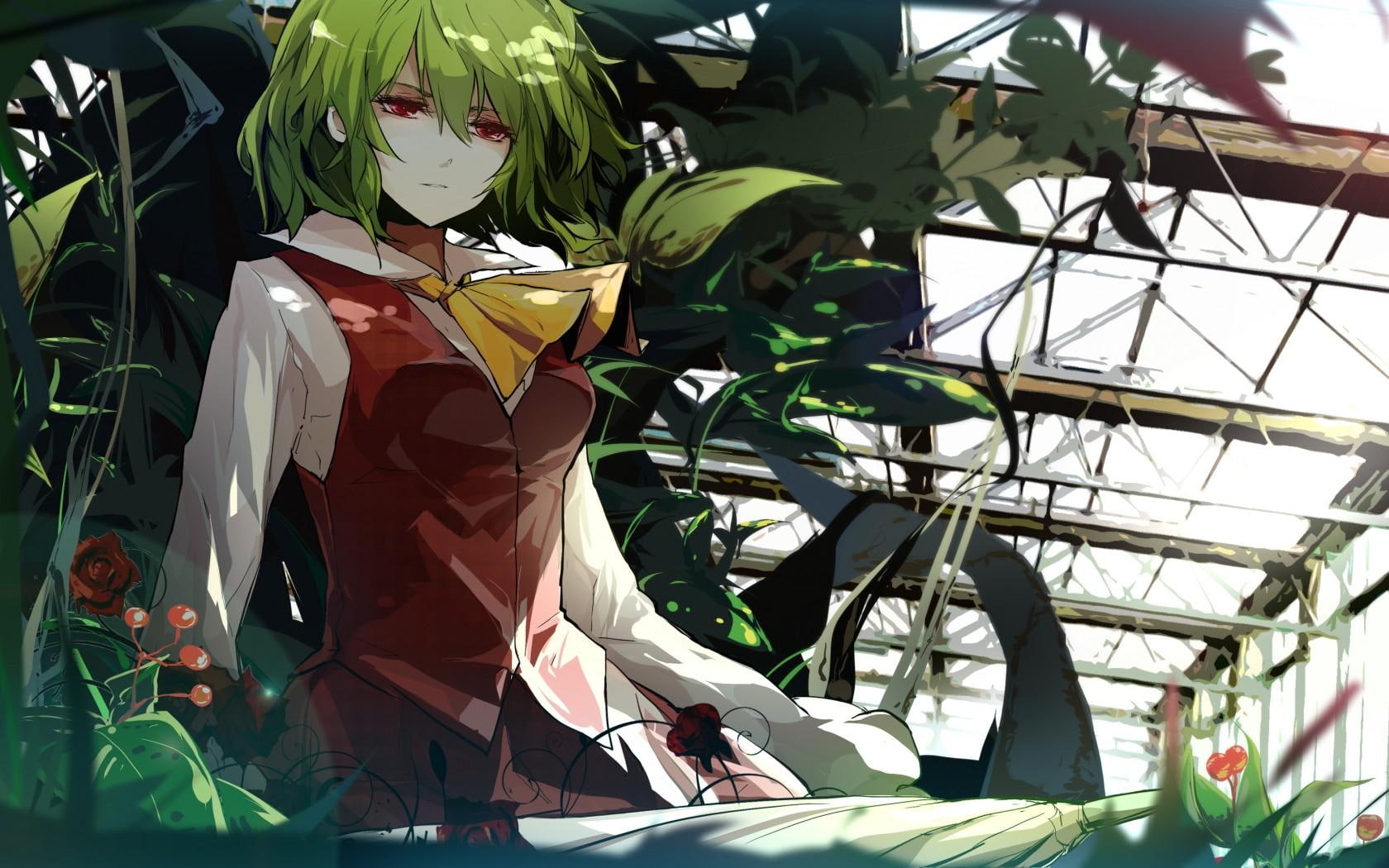 short-hair, female, outfit, touhou-project, nature, maroon, flower, nice, umbrella, forest, trees, 720P, anime-girl, touhou, yuuka, green, anime, white, HD Wallpaper
