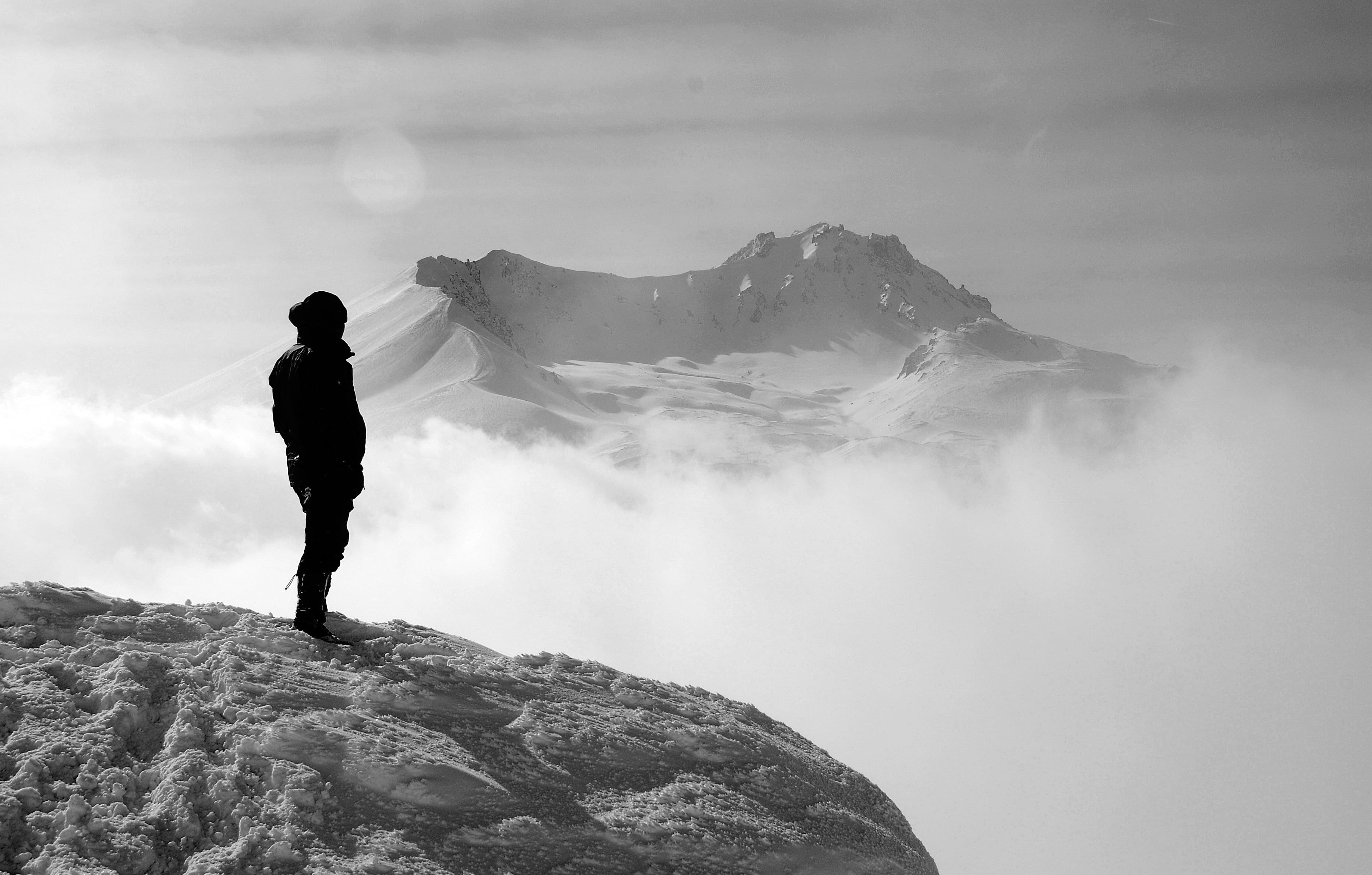 standing, walking, rock climbing, peak, steep wall, sky, ice, rock - object, cloud - sky, one person, environment, stone, person, solitude, solid, alpinism, HD Wallpaper