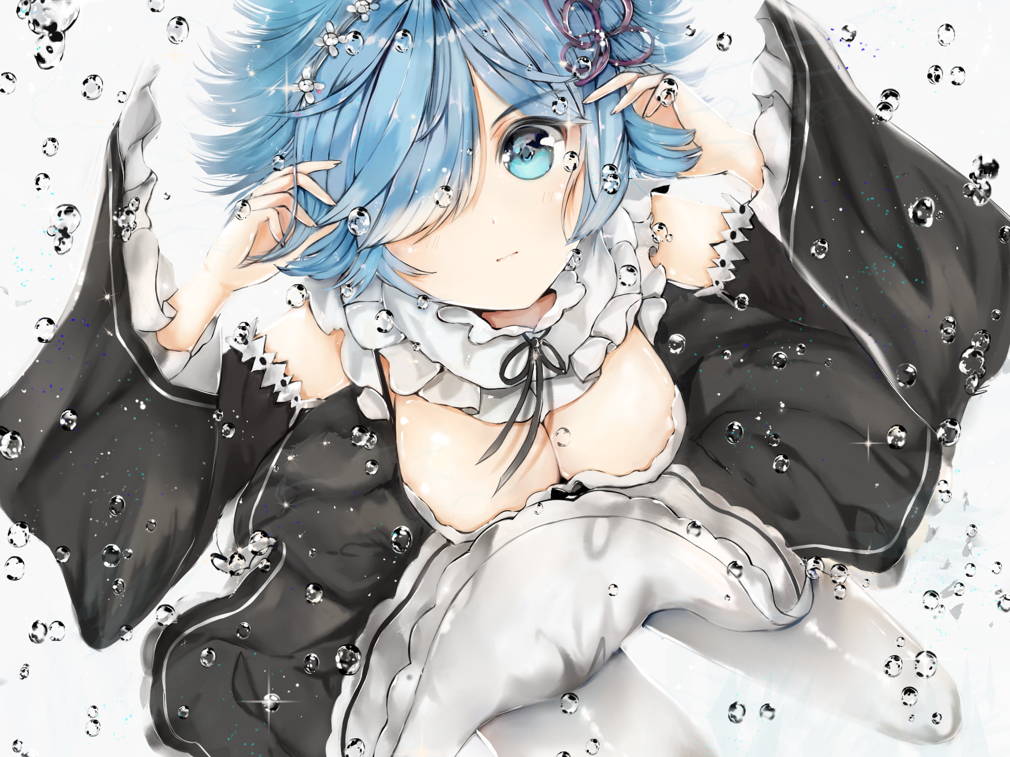 character, black color, close-up, haired, disguise, white color, water, white background, bubbles, indoors, creativity, blue eyes, high angle view, maid outfit, HD Wallpaper
