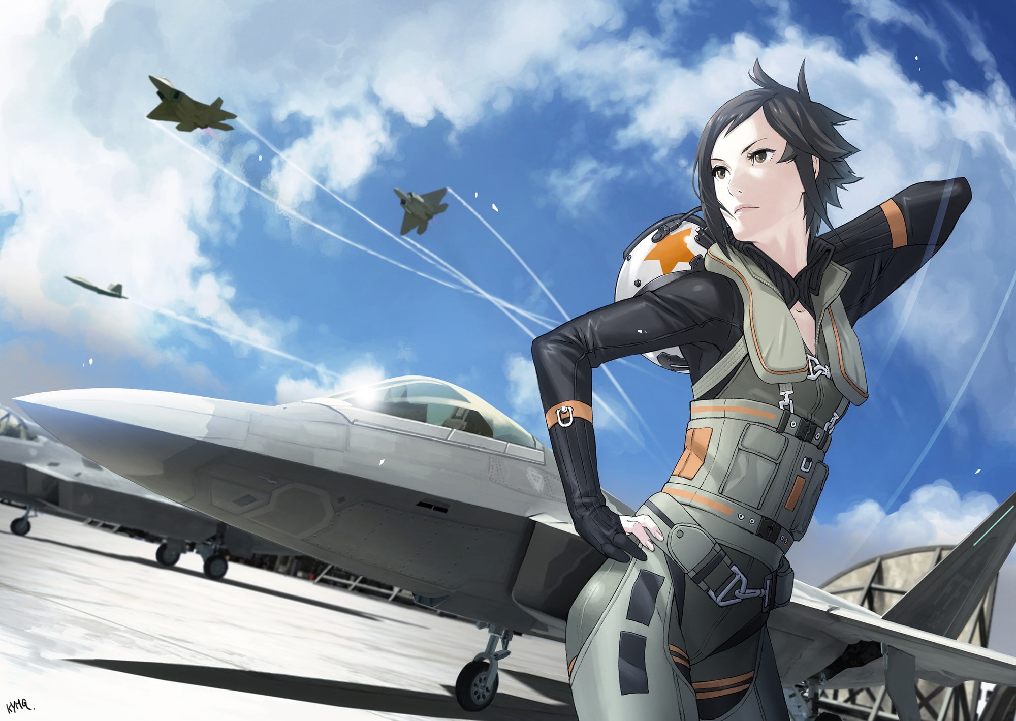 short hair, 1080P, Kei Nagase, anime girls, jet fighter, anime, Ace Combat, F-22 Raptor, HD Wallpaper