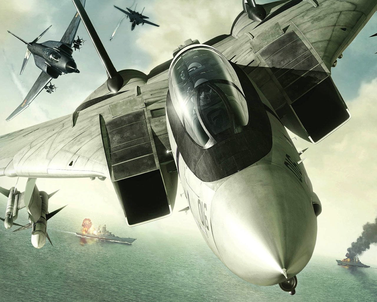 plane, 720P, military, Grumman F-14 Tomcat, fighter, mode of transportation, Ace Combat 5: The Unsung War, mid-air, sky, black, helicopter, HD Wallpaper