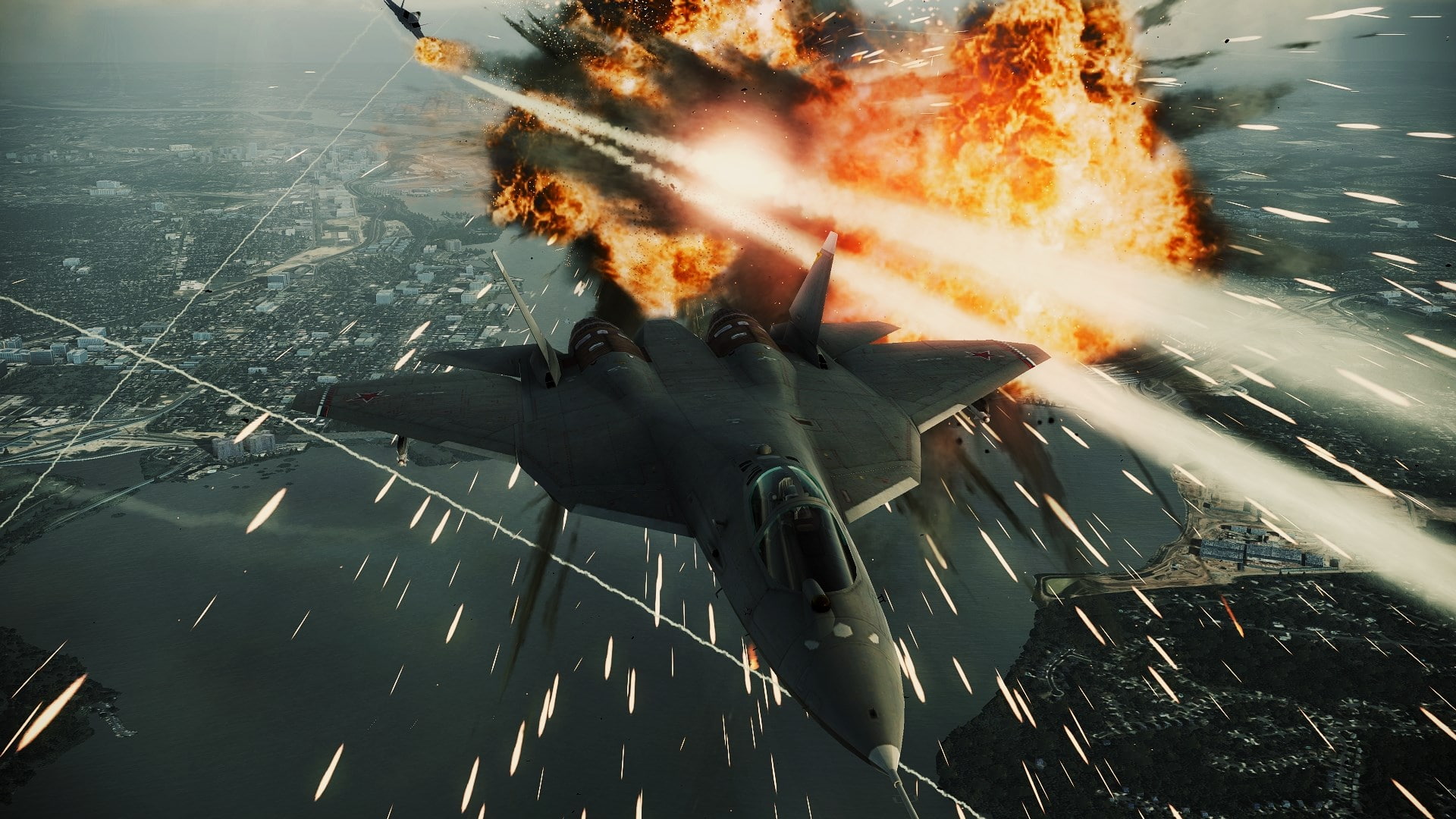 fire - natural phenomenon, ace combat assault horizon, warning sign, no people, 1080P, flame, sea, air vehicle, destruction, motion, exploding, aggression, HD Wallpaper