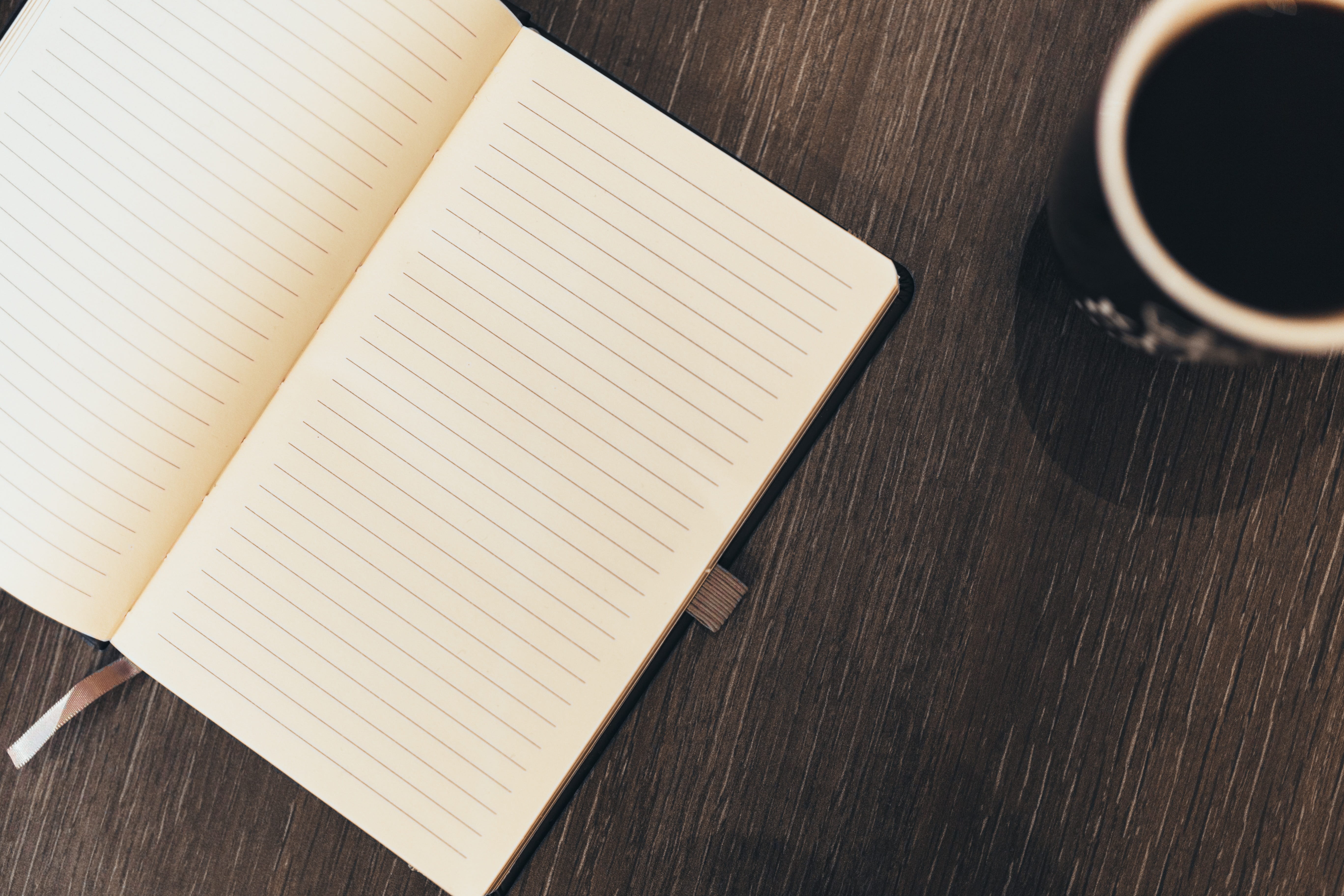 still life, coffee cup, lines, indoors, 5K, empty, black, coffee - drink, blank, mug, table, directly above, book, food and drink, coffee, paper, beside, HD Wallpaper