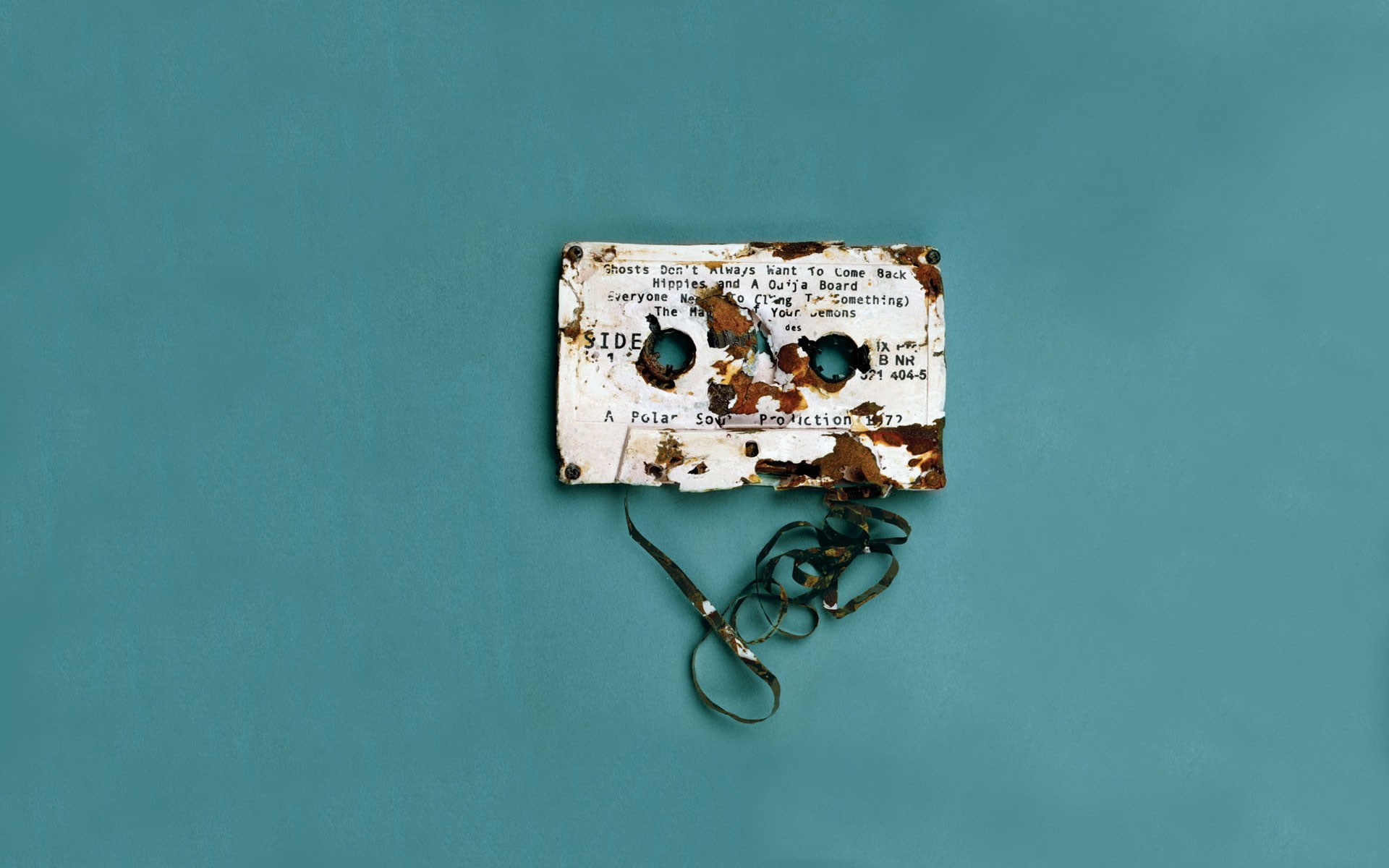 destruction, text, rust, digital art, simple background, minimalism, blue background, cassette, tape, 1080P, vintage, HD Wallpaper