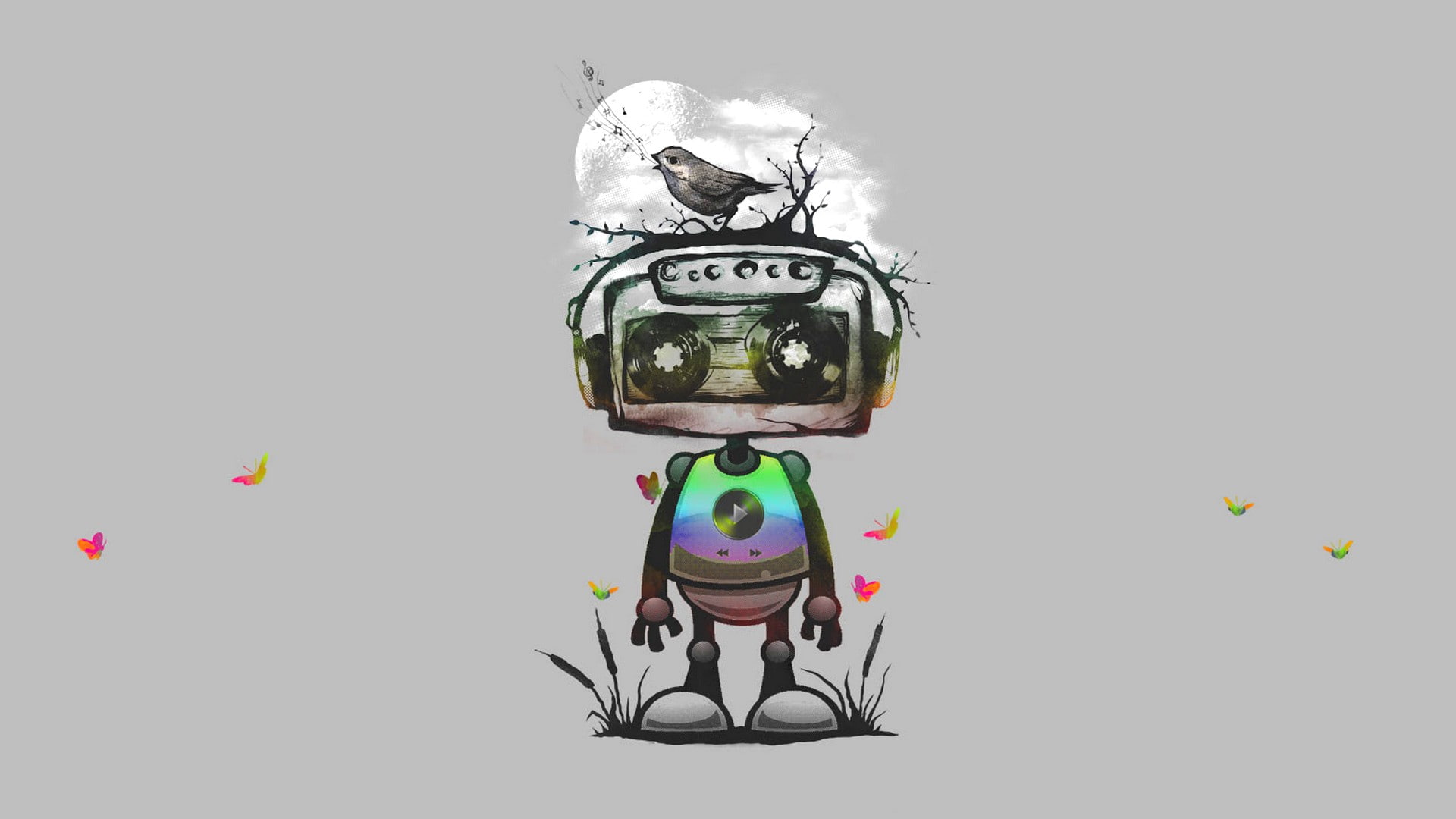 bird, 1080P, hd, drawing, gray, tape, digital/artwork, robot, grey, cassette, HD Wallpaper