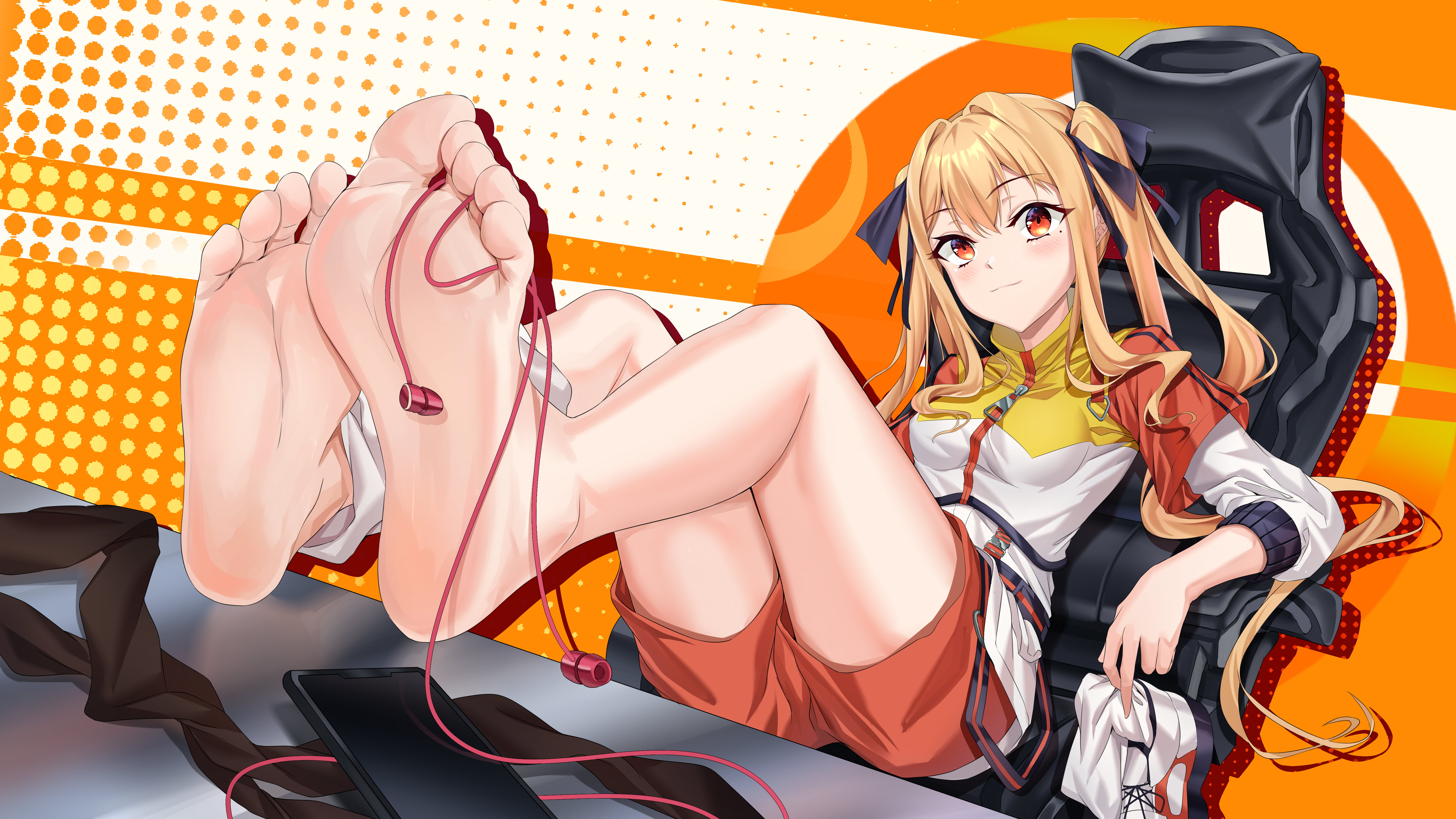 simple background, Virtual Youtuber, barefoot, anime, 5K, Xo (artists), blonde, anime girls, HD Wallpaper