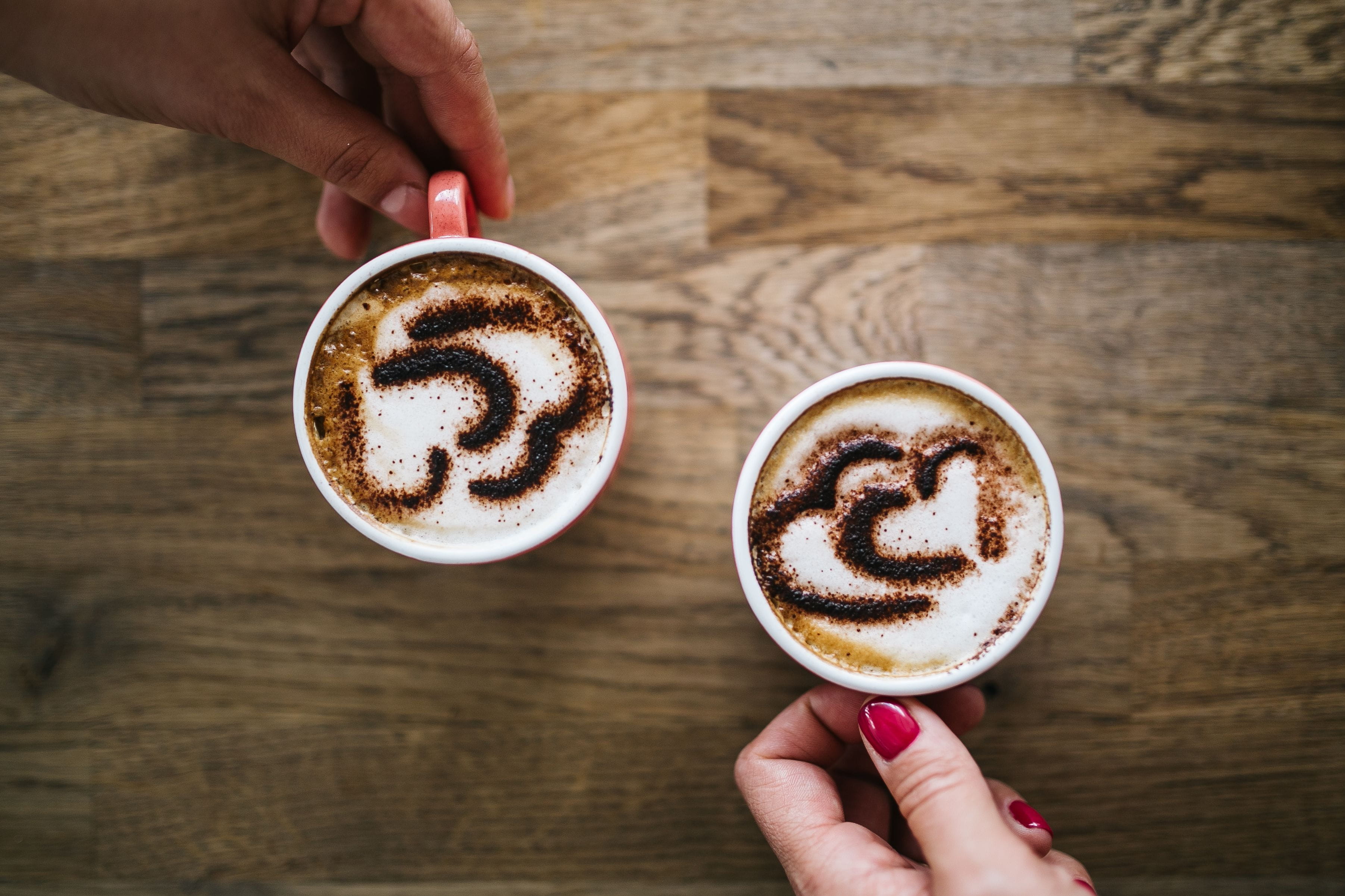 cappuccino, hot drink, brown, cup, late, human body part, finger, sugar, Cup of coffee, lifestyles, real people, holding, human Hand, one person, body part, HD Wallpaper